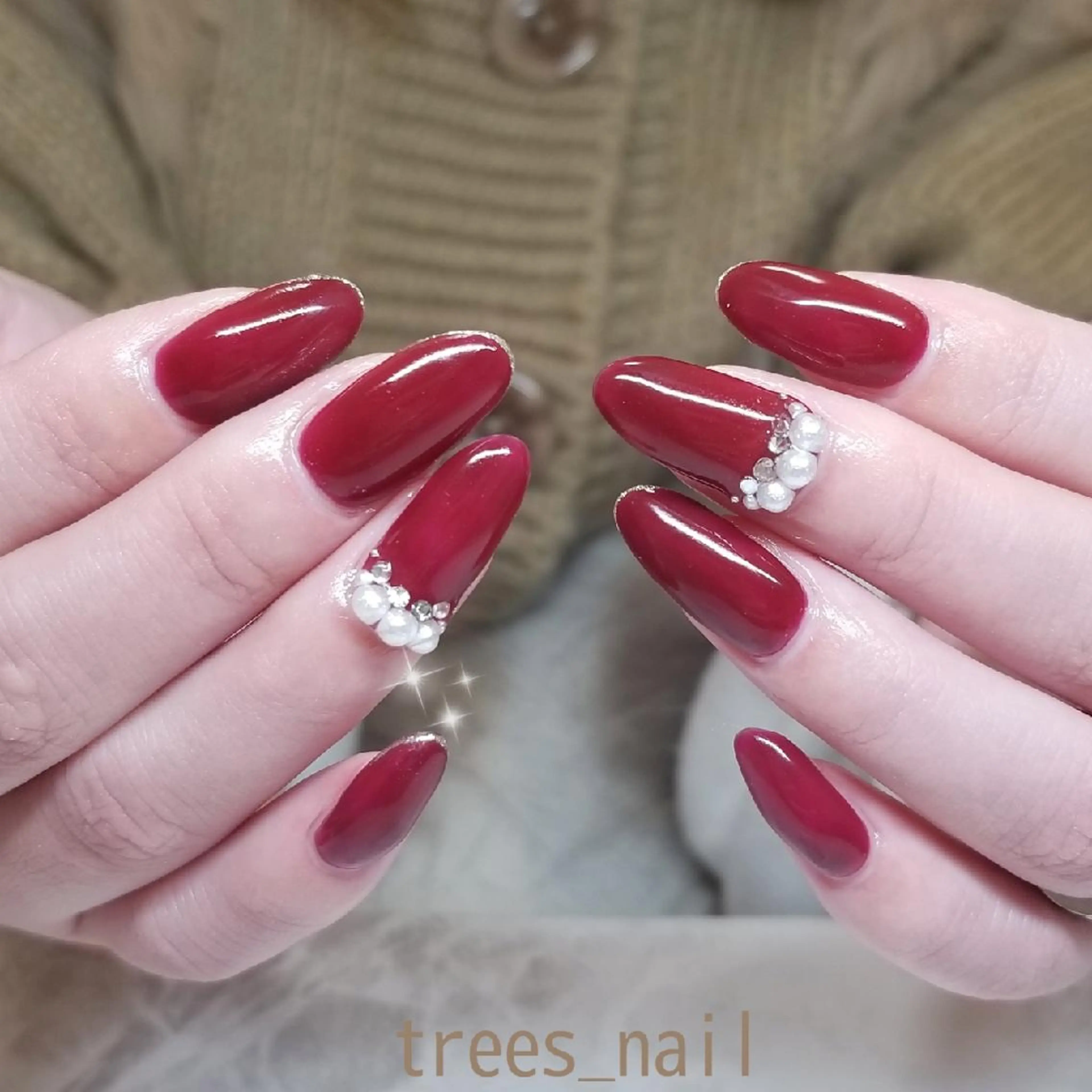 ネイル ボルドー フレンチネイル ラメ(グリッター) ワンカラーネイル ハンドネイル フットネイル trees_ nailのネイルデザイン