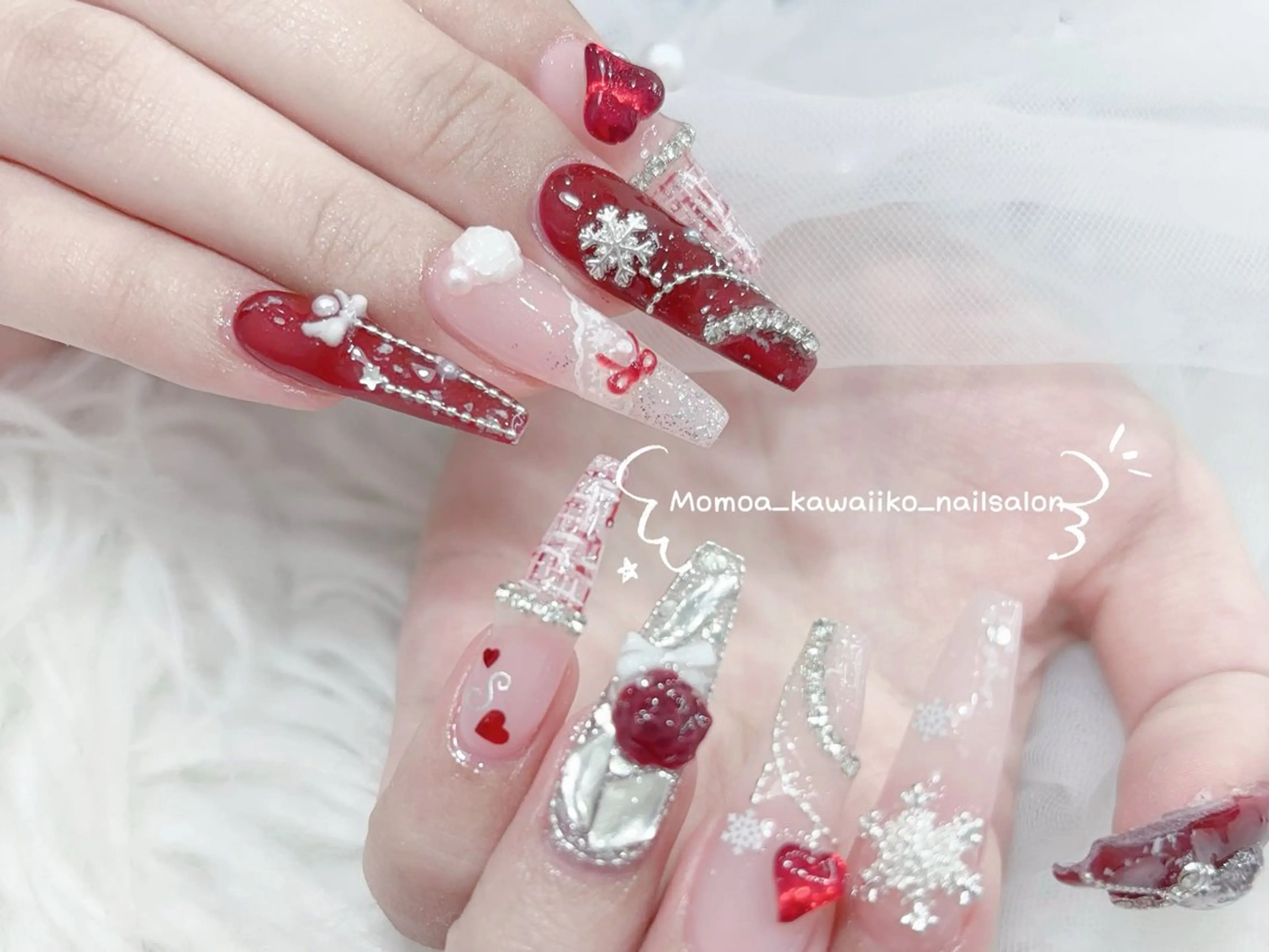 ネイル 成人式 ロングネイル マグネットネイル 大理石ネイル(マーブル) リボン ハンドネイル MoMoA Nail ネイル長さ出し専門店のネイルデザイン