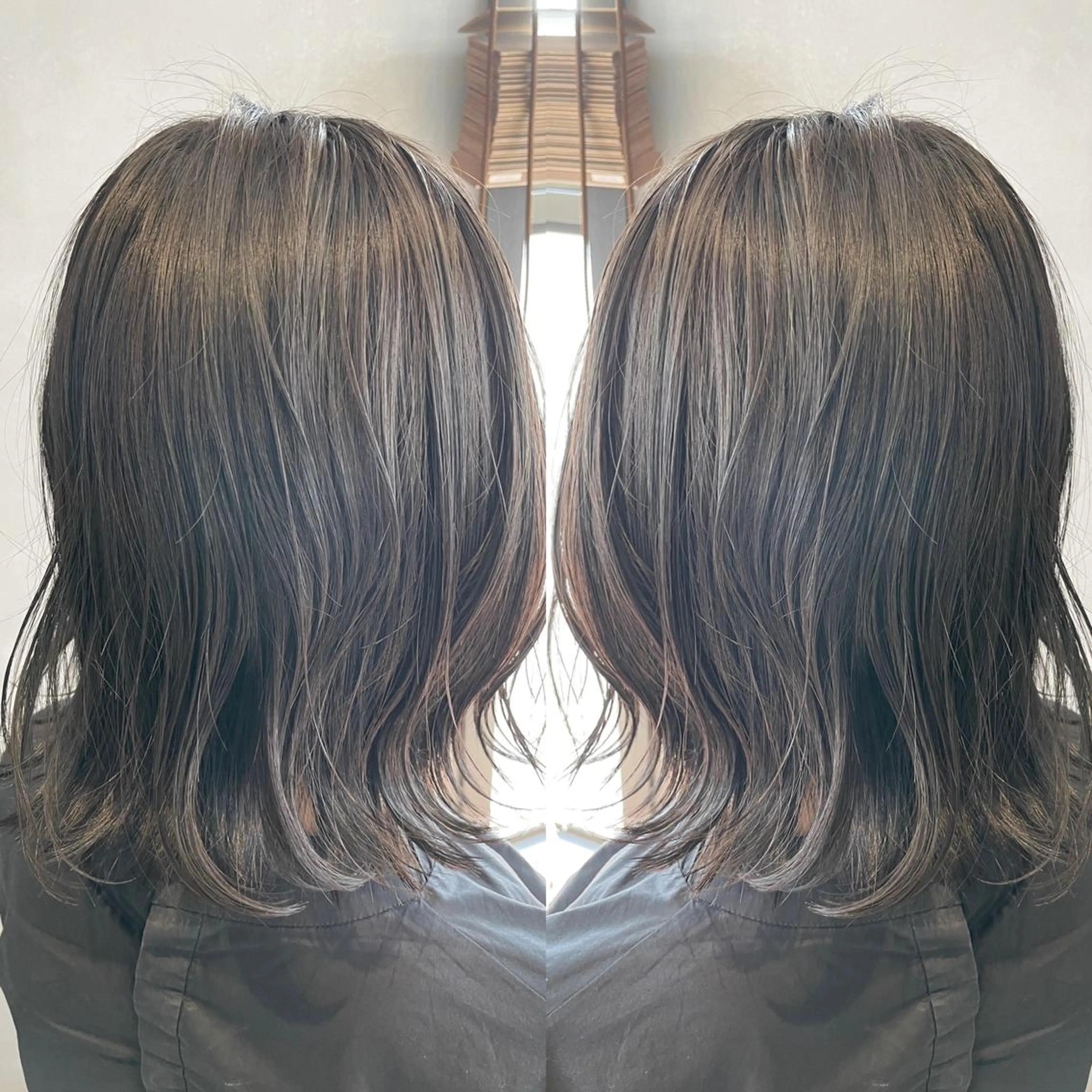 ミディアム カラー アディクシーカラー アッシュ ハイライトカラー オリーブアッシュ ハイライト 長谷川 沙紀のヘアスタイル