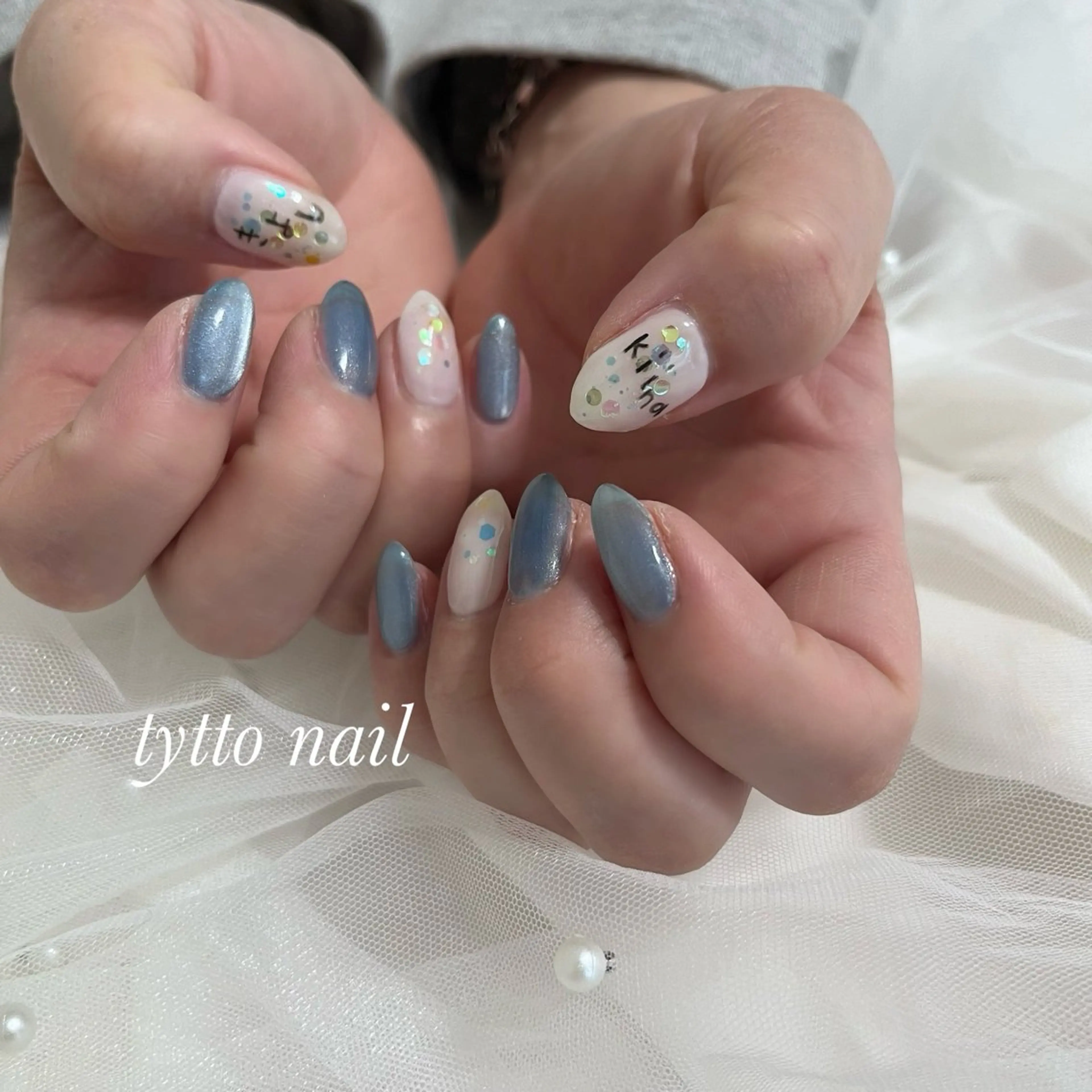 ネイル ブルー ガーリー ホログラムネイル キラキラネイル マグネットネイル ハンドネイル tytto nail ❤︎‪‪eri‪‪のネイルデザイン