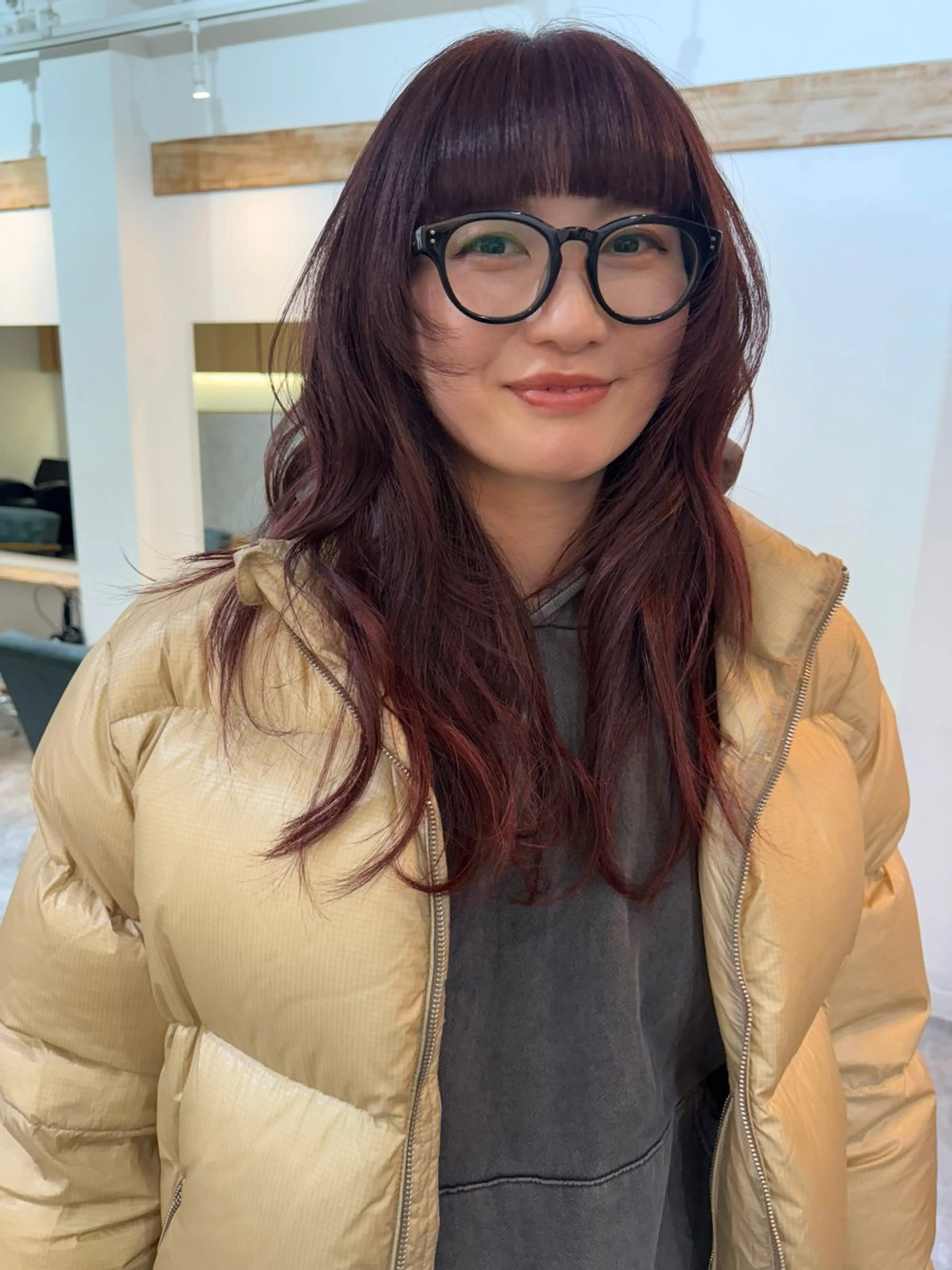 セミロング カラー バイオレットカラー レイヤーカット ワイドバング カット ヘアカラー 森貴裕/ベージュ/ パーマ/オリーブのヘアスタイル