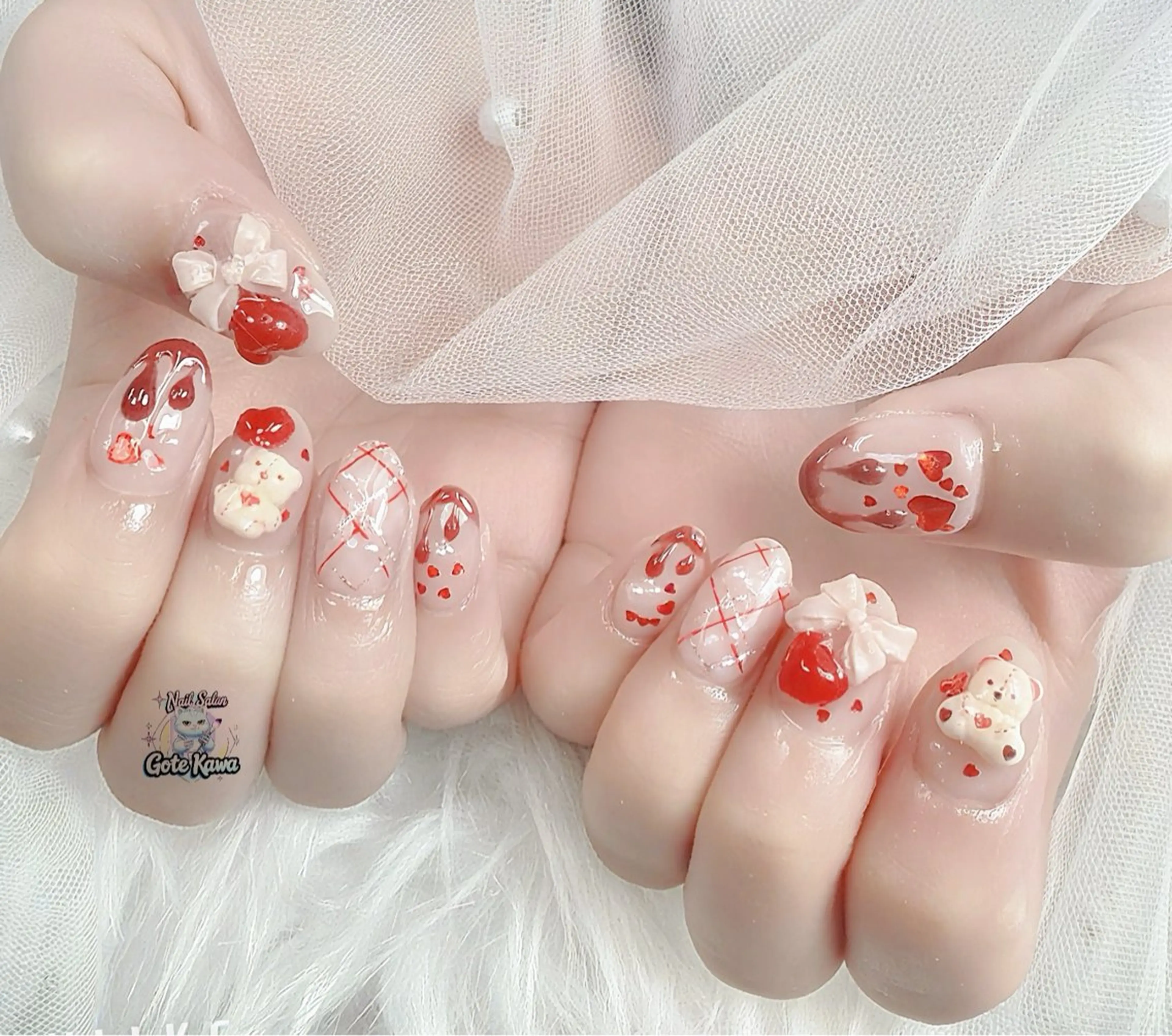 ネイル ハート リボン バレンタイン ハンドネイル ハンドケア GOTE KAWA Nail Salon(ゴテかわ)所属・Gote Kawa nail salonのネイルデザイン