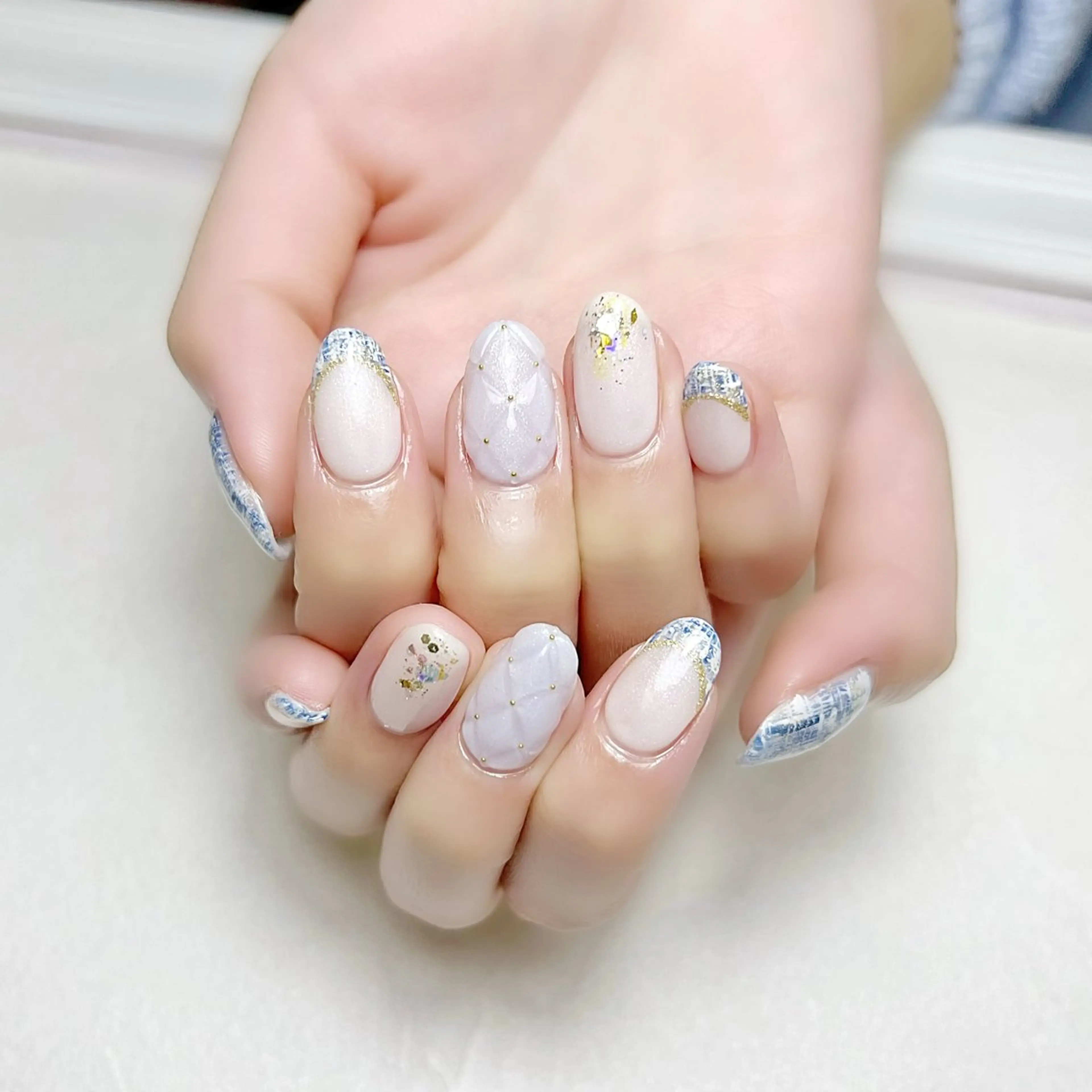 ネイル ブルー フレンチネイル ラメ(グリッター) ツイードネイル ワンホンネイル rouse nail RISATOのネイルデザイン