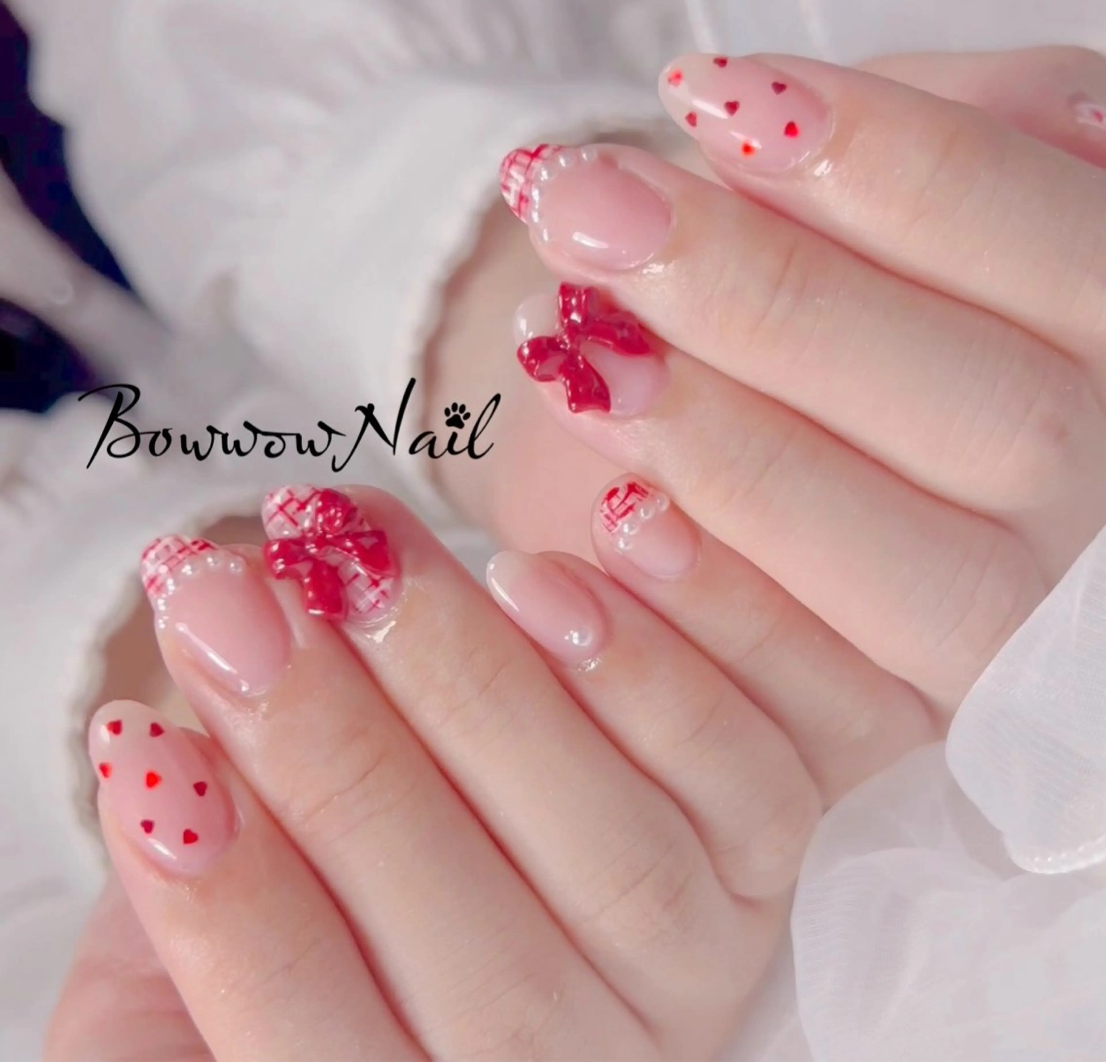 ネイル フレンチネイル ハート 韓国ネイル ミラーネイル ピンク Bow wow Nail さや🧸のネイルデザイン