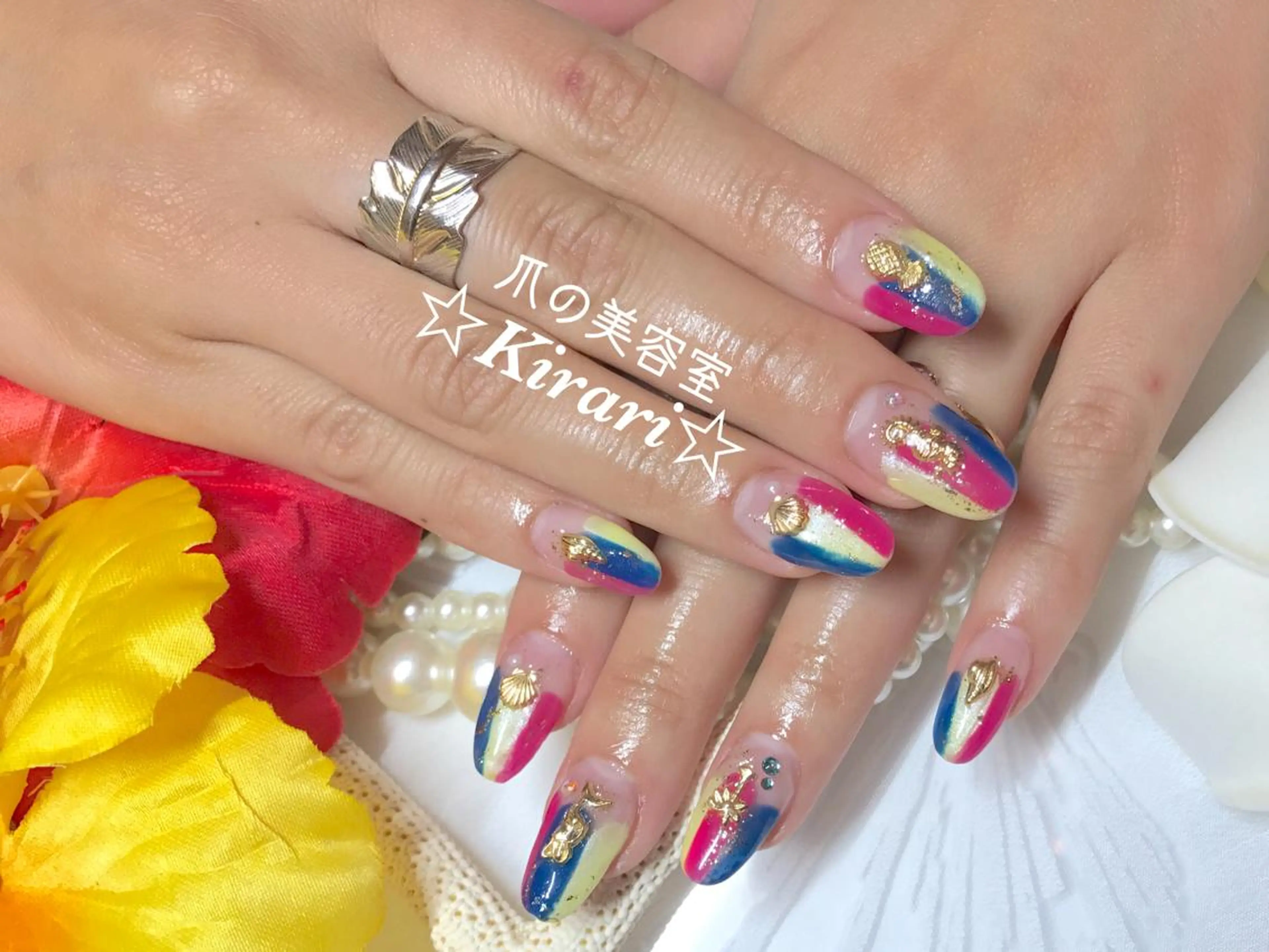 ネイル ブルー ピンク 黄色 Nail &Beauty Salon ☆Kirari☆所属・ビューティサロン ☆Kirari☆のネイルデザイン