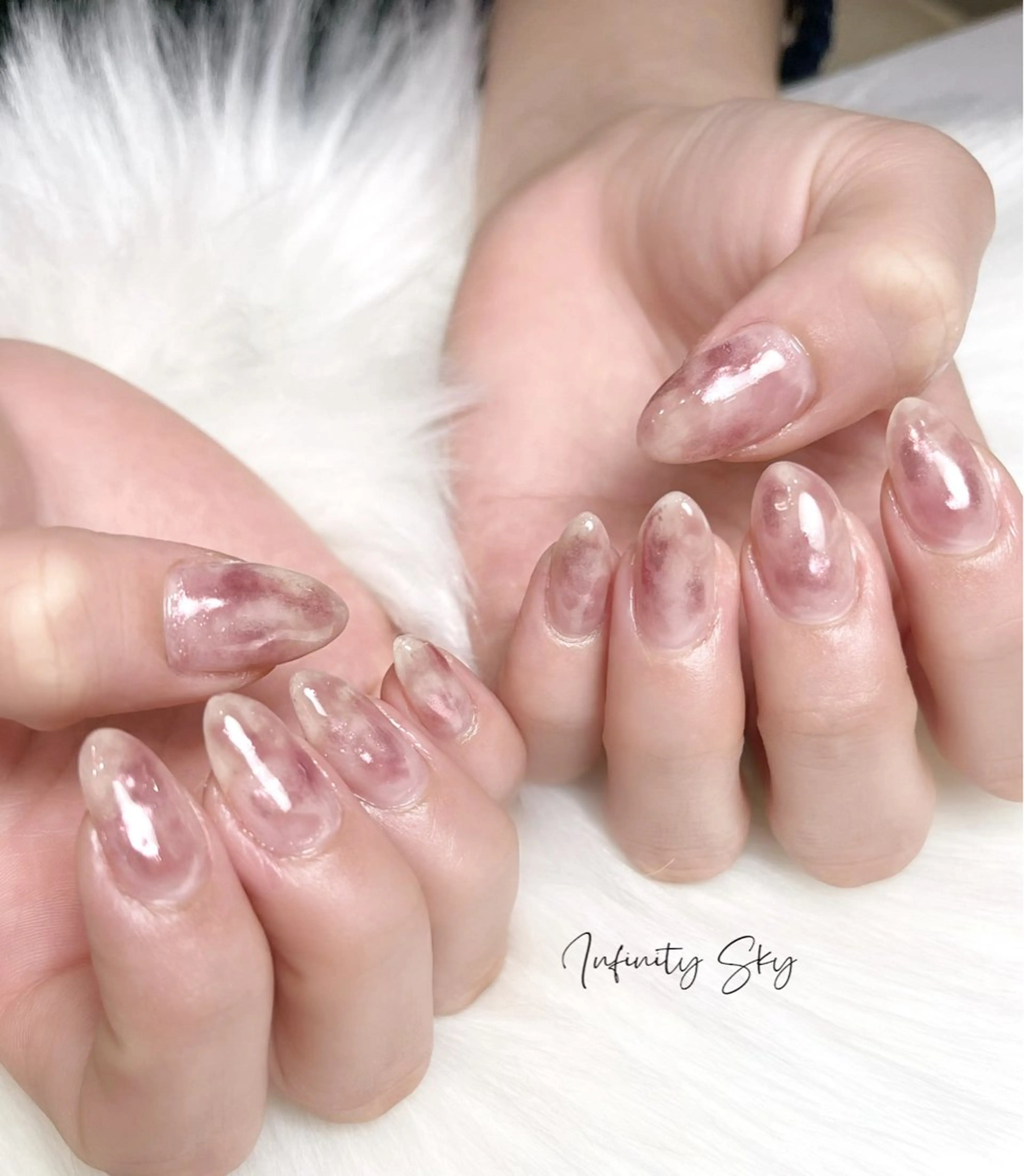 ネイル 大理石ネイル(マーブル) ミラーネイル ニュアンスネイル ピンク infinity skyのネイルデザイン