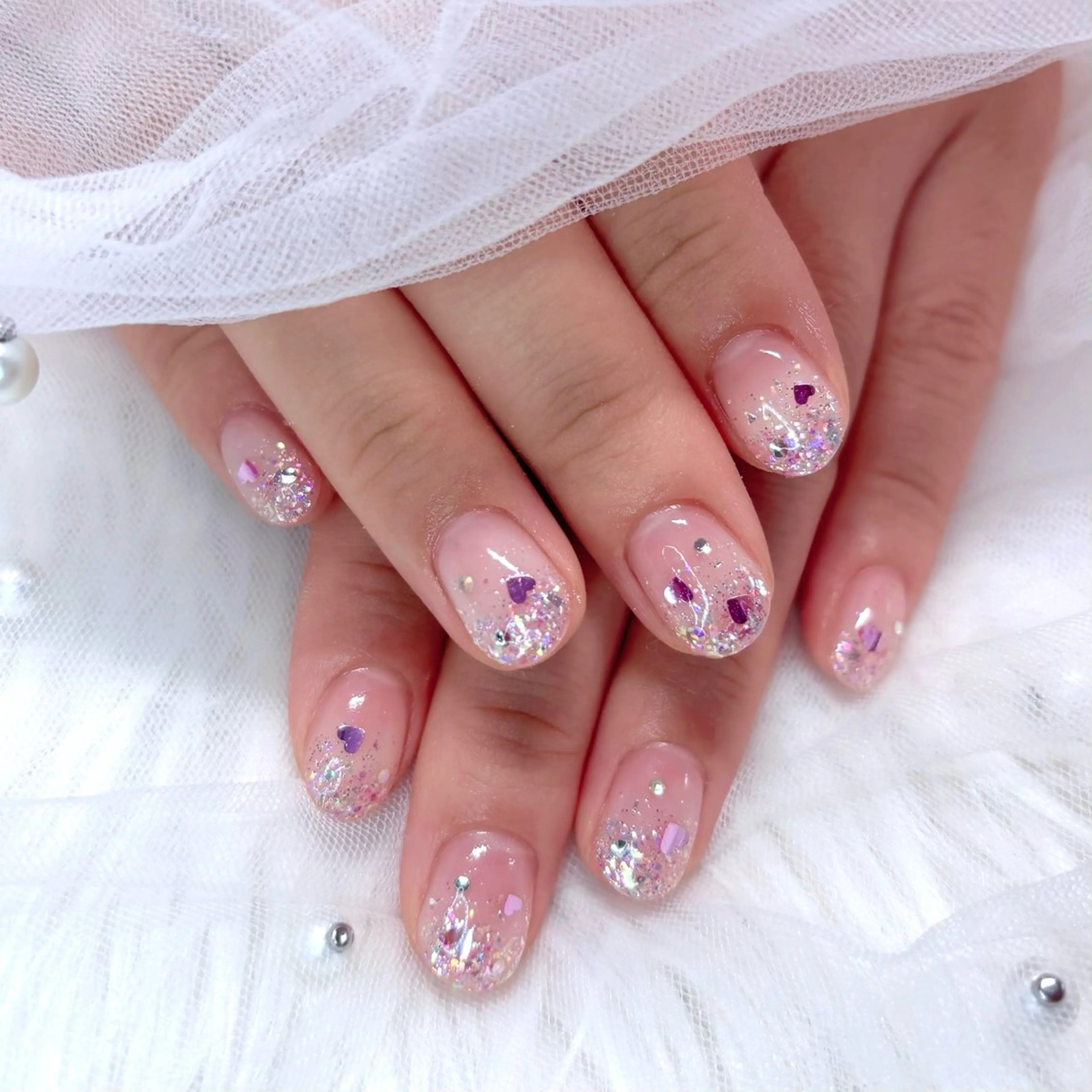 ネイル ハート キラキラネイル ラメ(グリッター) ラメグラデーション ピンク ハンドネイル Noix nailのネイルデザイン
