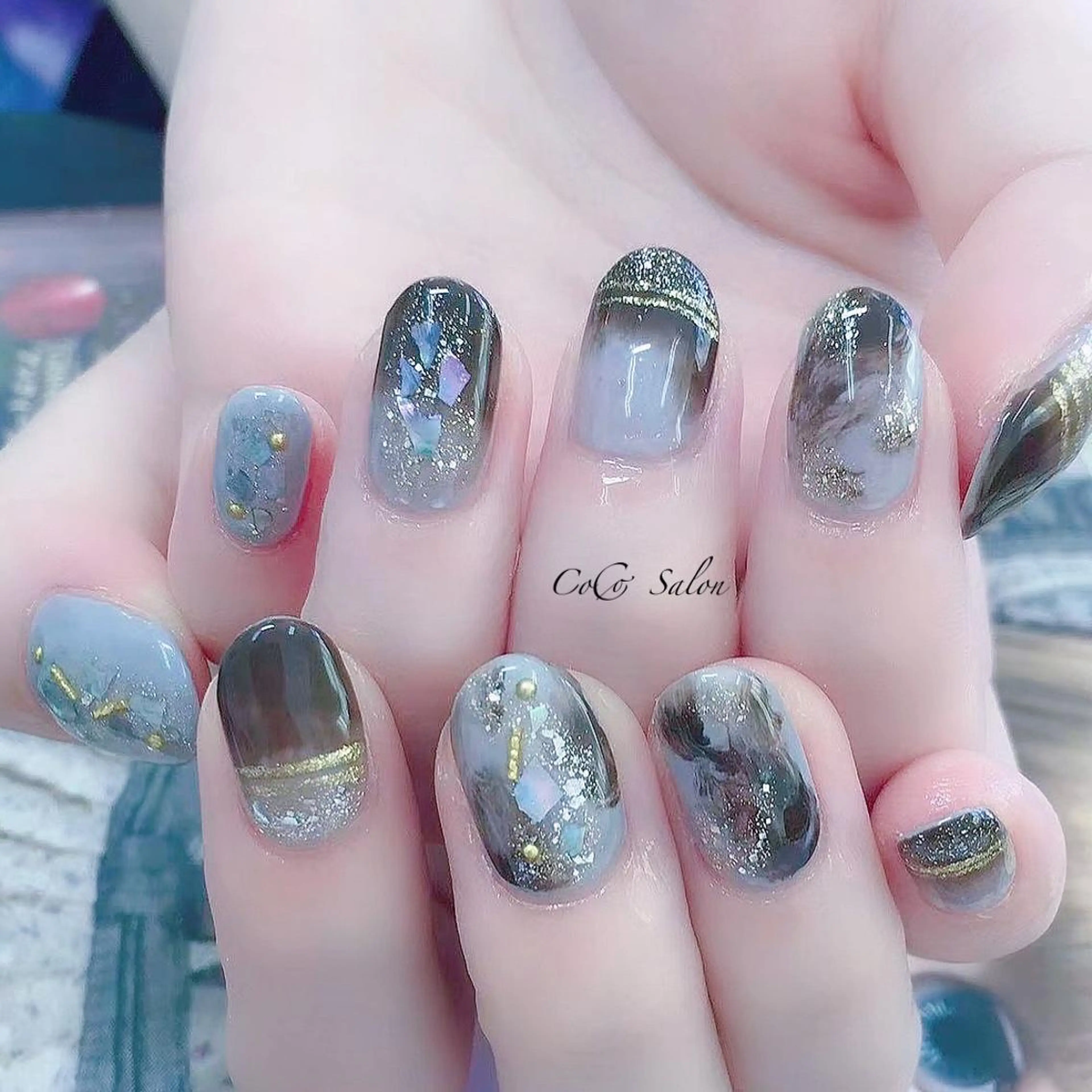 ネイル ブルー 長さ出し ジェルネイル グラデーション ホログラムネイル ハンドネイル CoCoSalon ネイル/まつ毛予約のネイルデザイン