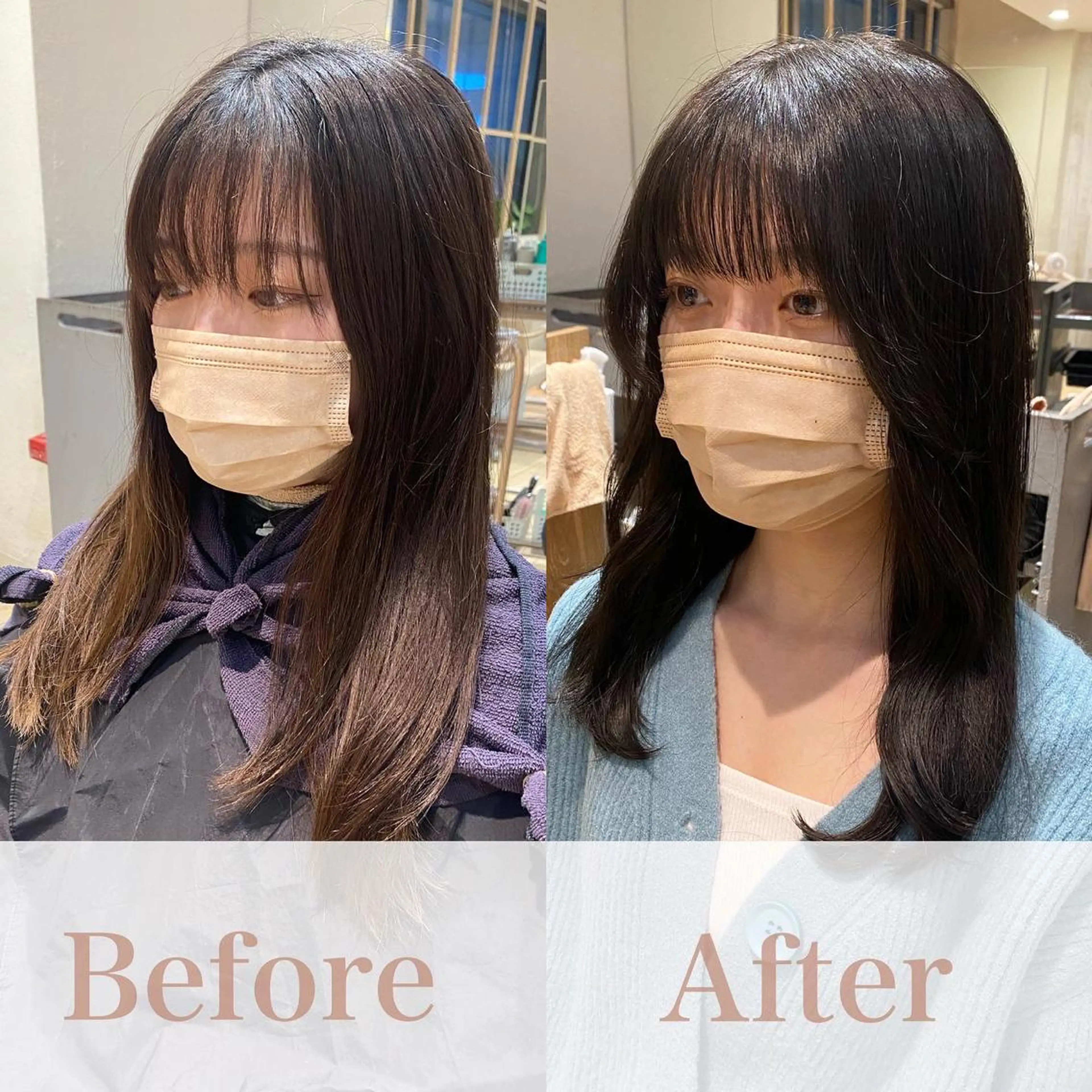 セミロング カラー グレージュ オリーブグレージュ オリーブグレー 顔周りカット 髪質改善 顔周り/くびれヘア 韓国ヘア💕風間るなのヘアスタイル