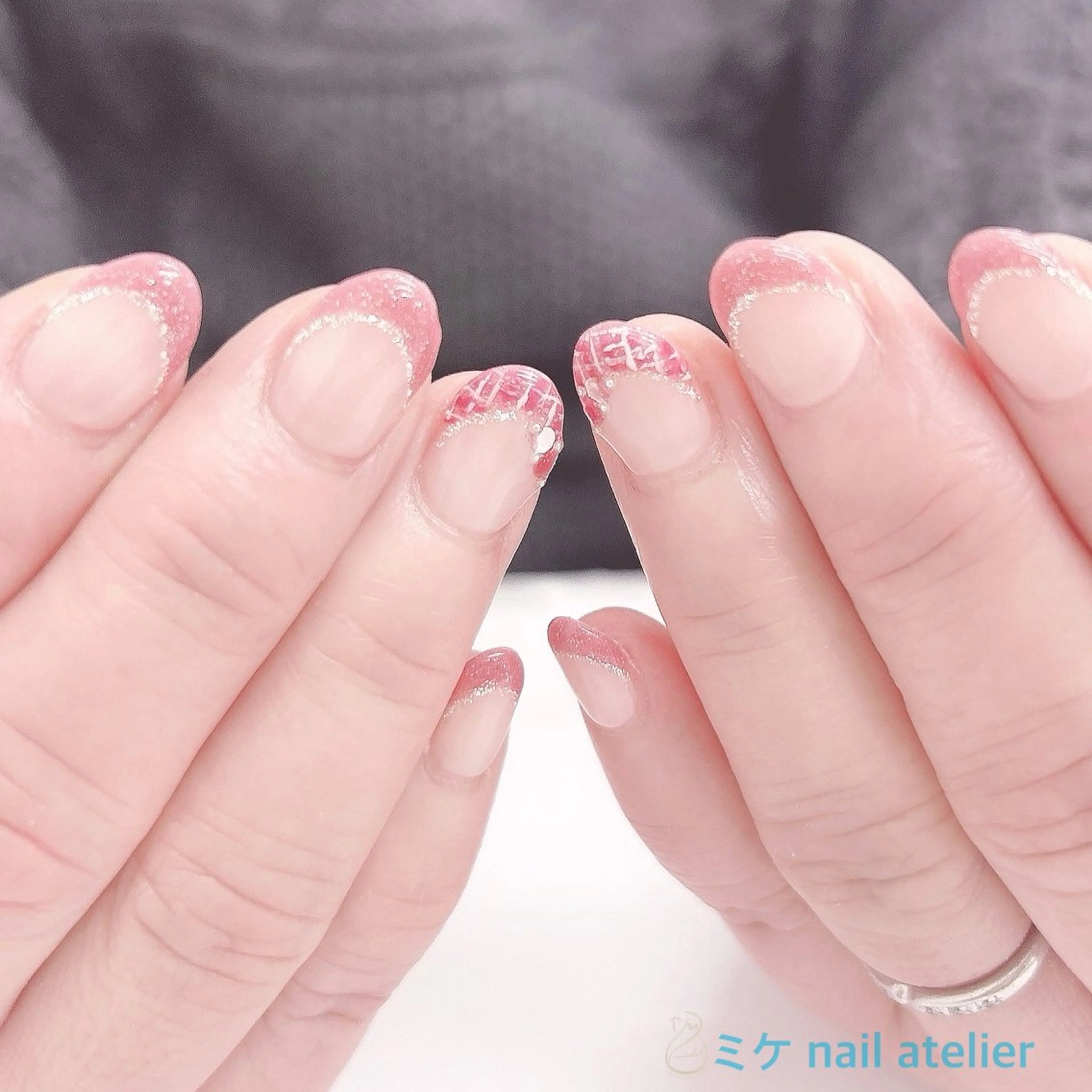 ネイル フレンチネイル ジェルネイル ピンク ツイードネイル 冬ネイル ハンドネイル h. rikaのネイルデザイン