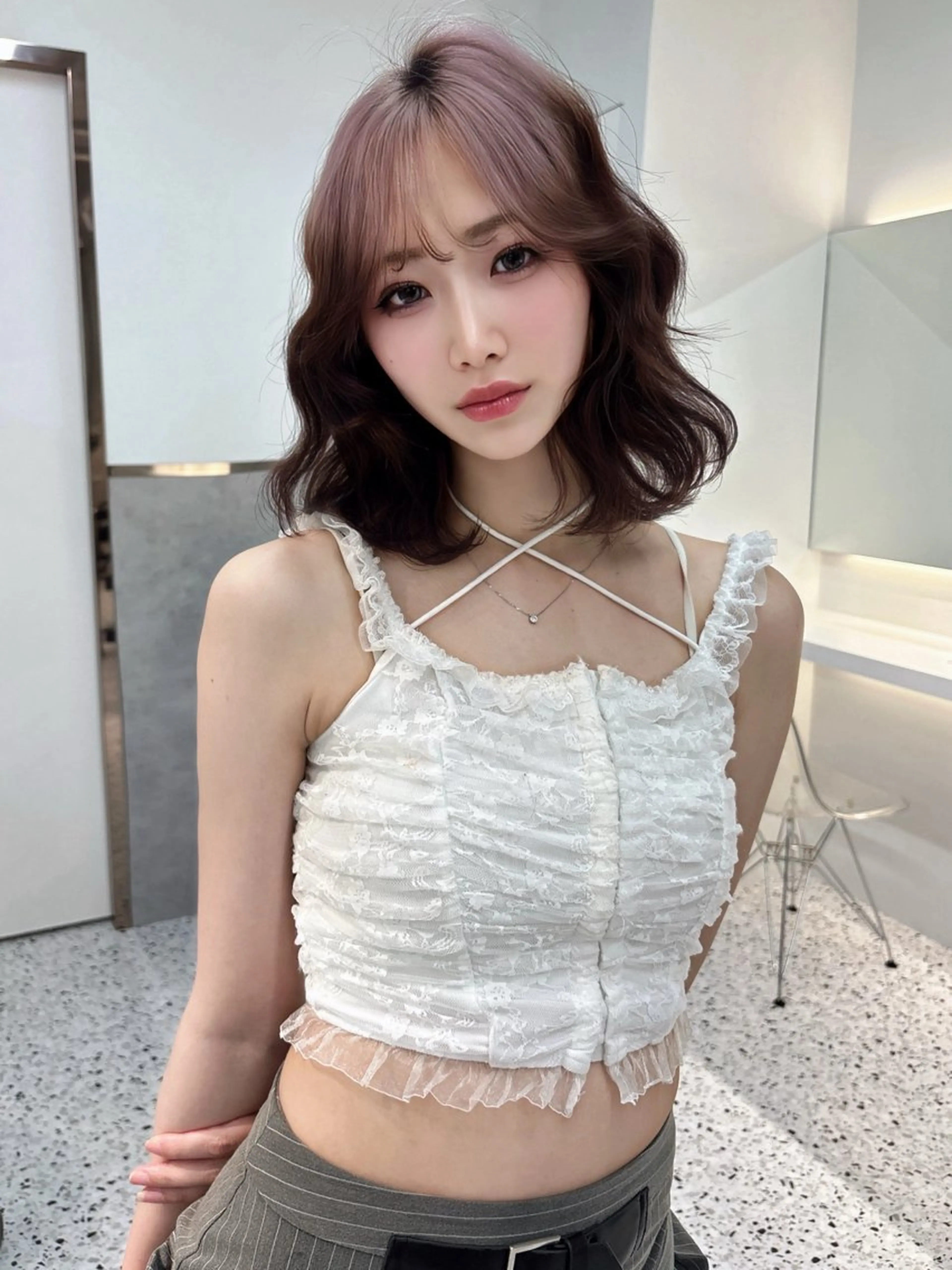 ミディアム ヘアカラー rina／ベージュ ワンホン/韓国ヘアのヘアスタイル