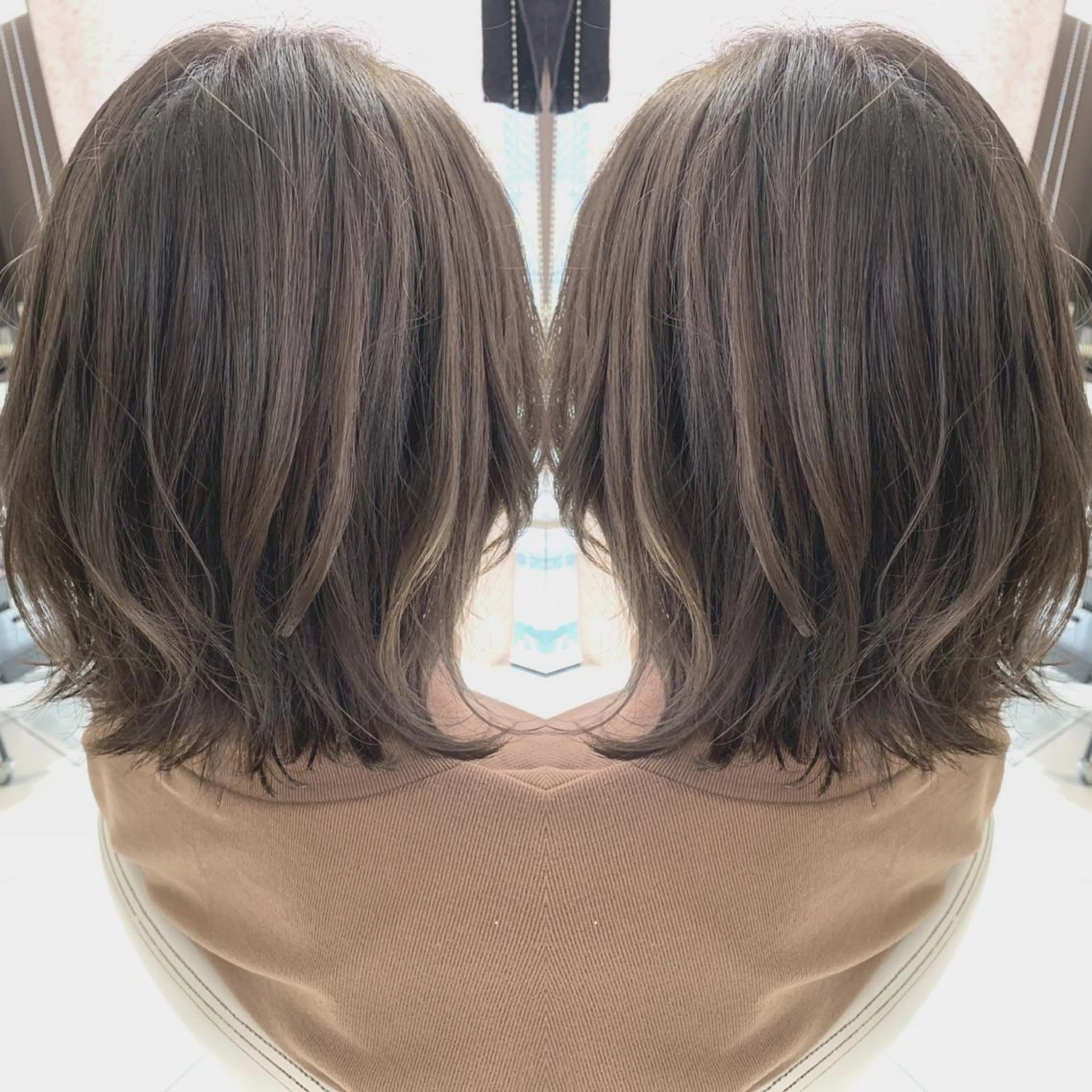 ミディアム カラー ヘアアレンジ ブリーチ グレージュ ブリーチなしカラー Merci メルシー 福岡、今泉のヘアスタイル