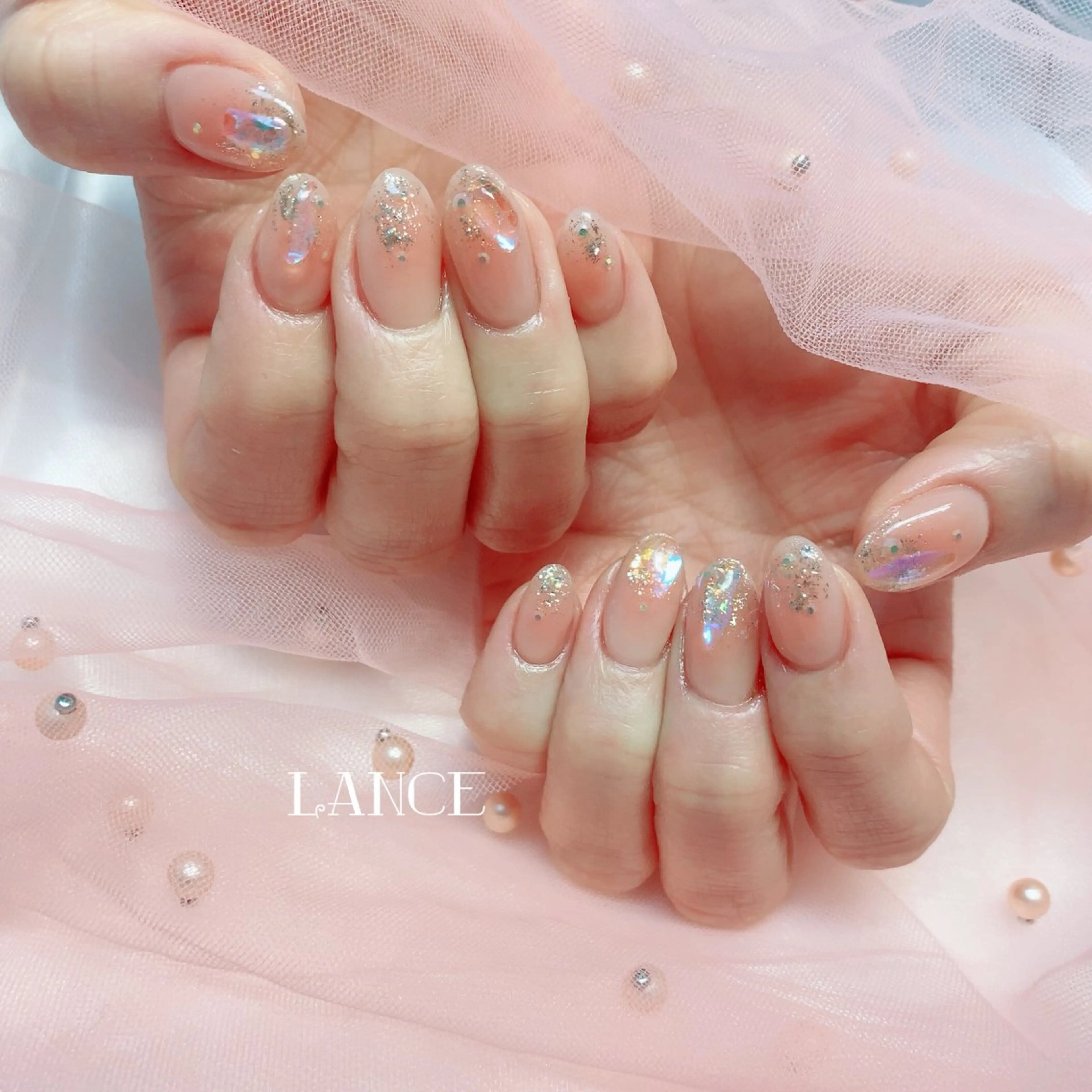 ネイル オーロラネイル フレンチネイル キラキラネイル 韓国ネイル ピンク Lance nailのネイルデザイン