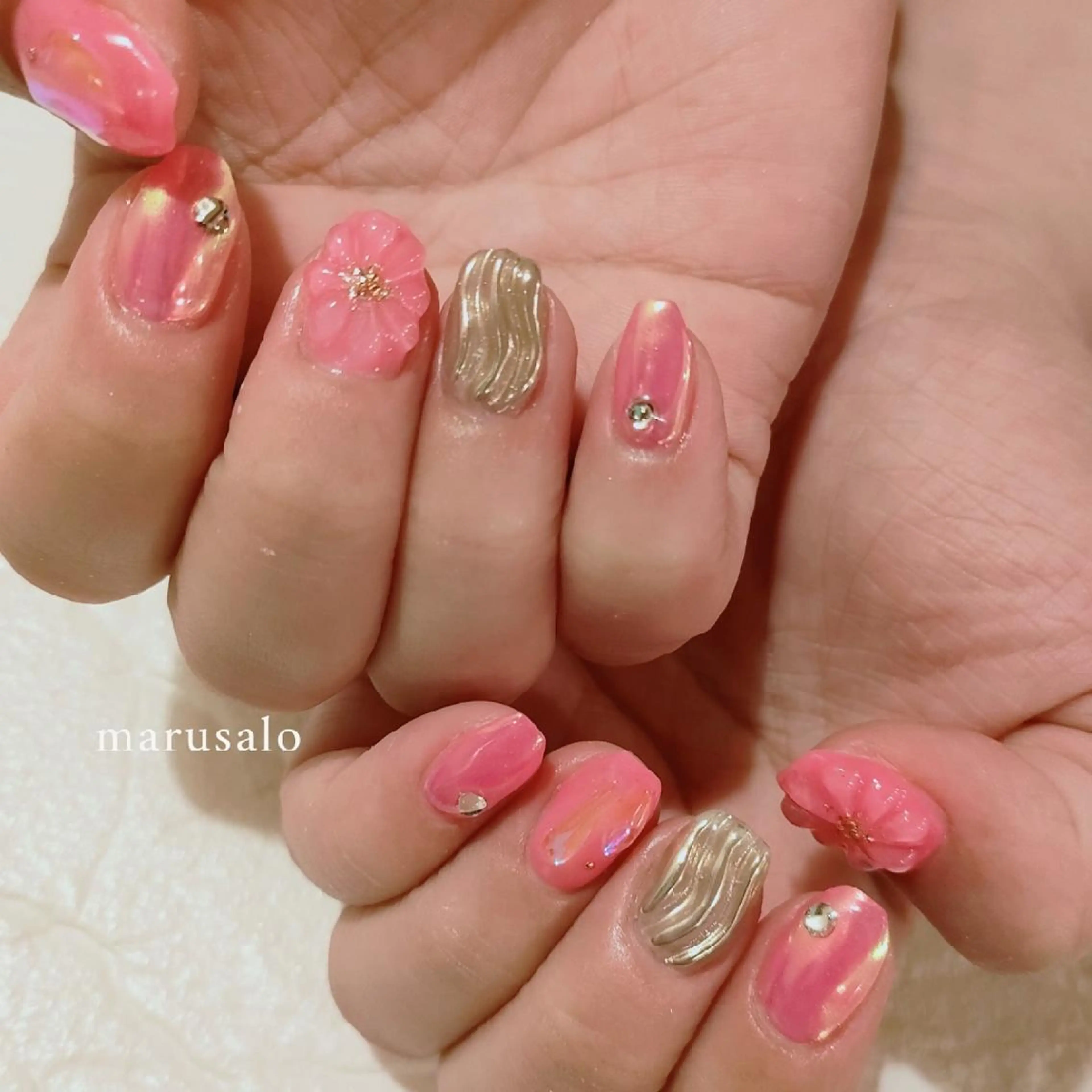 ネイル フラワーネイル マットネイル ミラーネイル ニュアンスネイル ピンク ハンドネイル marusalo nailのネイルデザイン