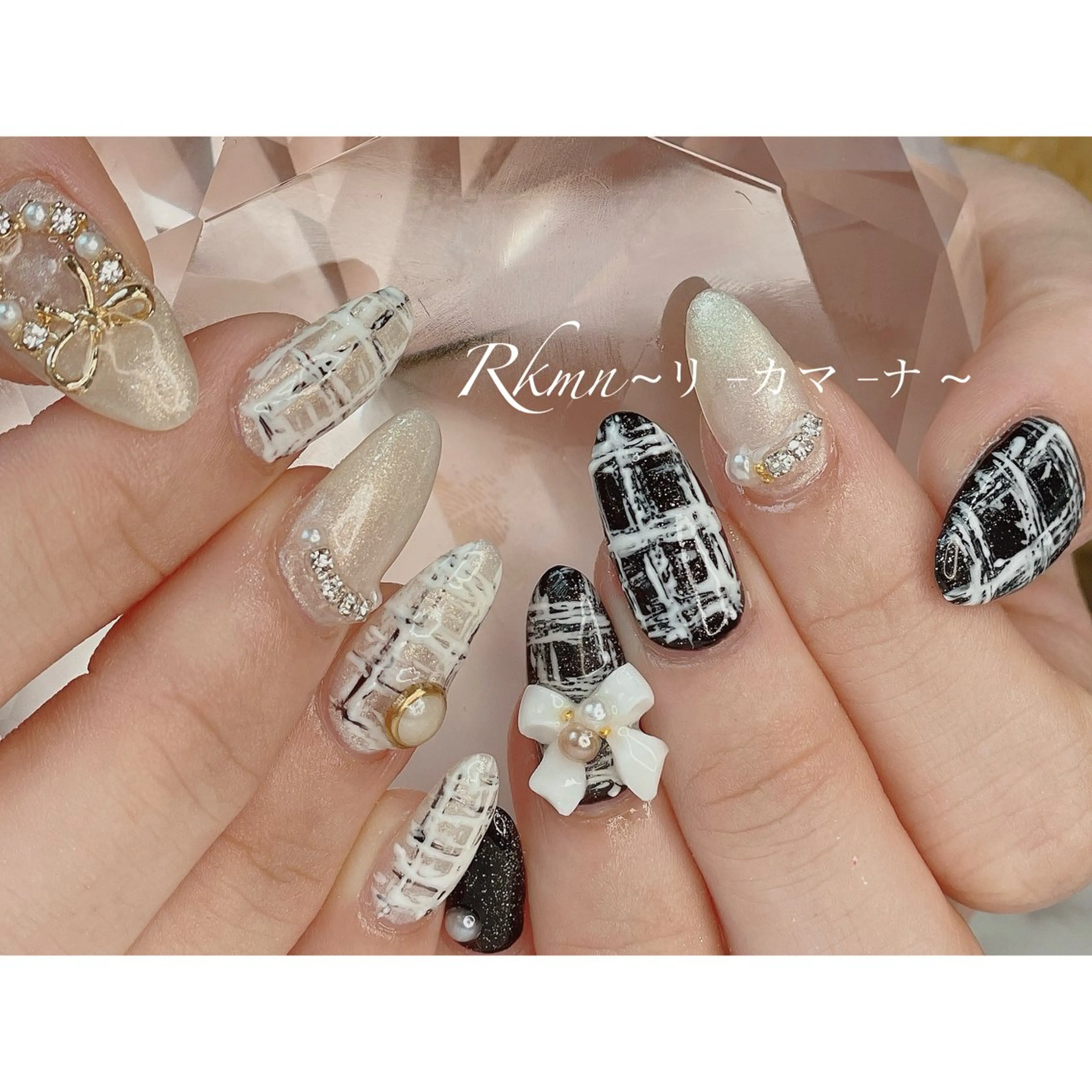 ネイル アートネイル リボン 春ネイル ツイードネイル ハンドネイル フットネイル ハンドケア Rkmn ~リ-カマ-ナ~のネイルデザイン