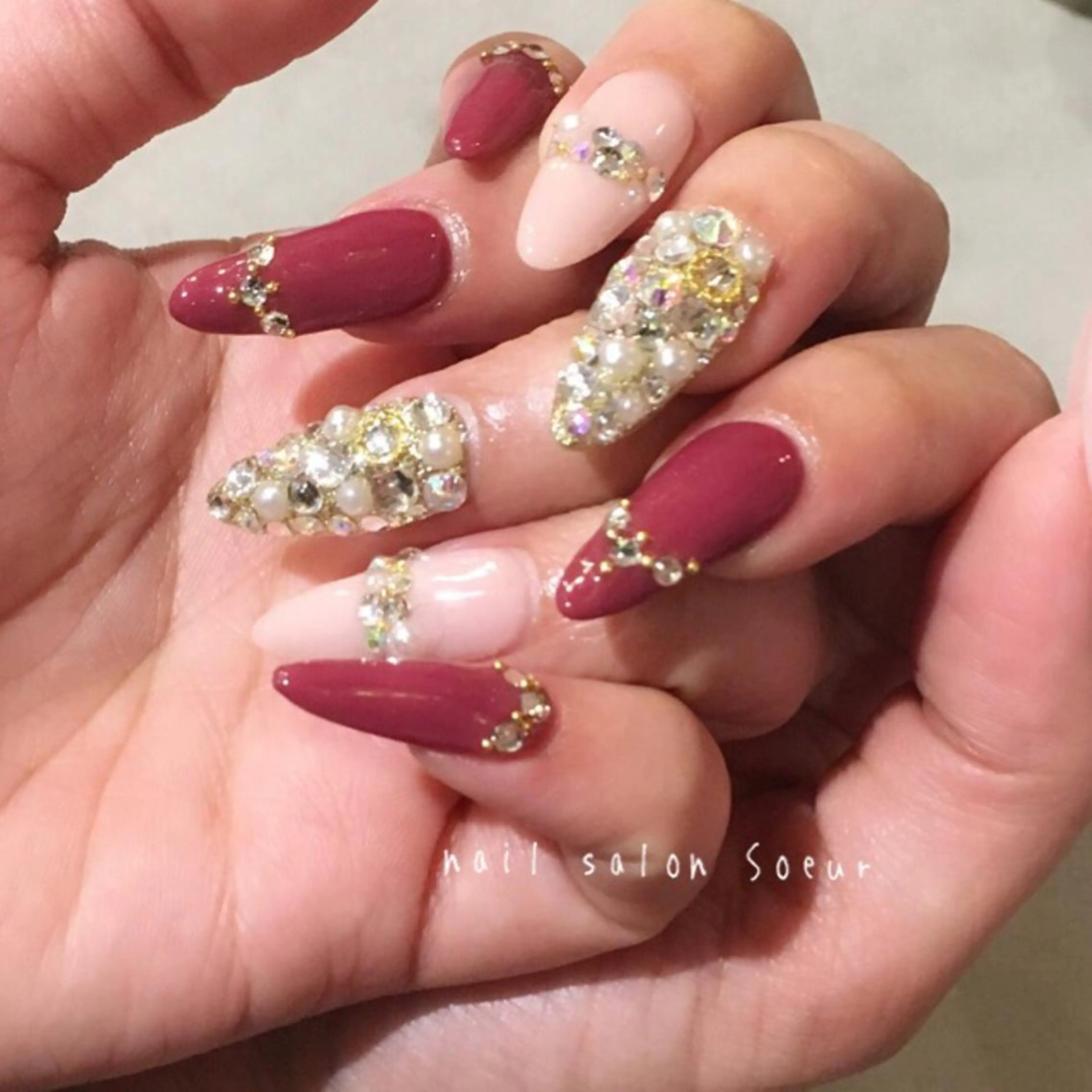 ネイル ボルドー 持ち込み ピンク ピンクベージュ スカルプネイル ハンドネイル nail salon Soeurのネイルデザイン