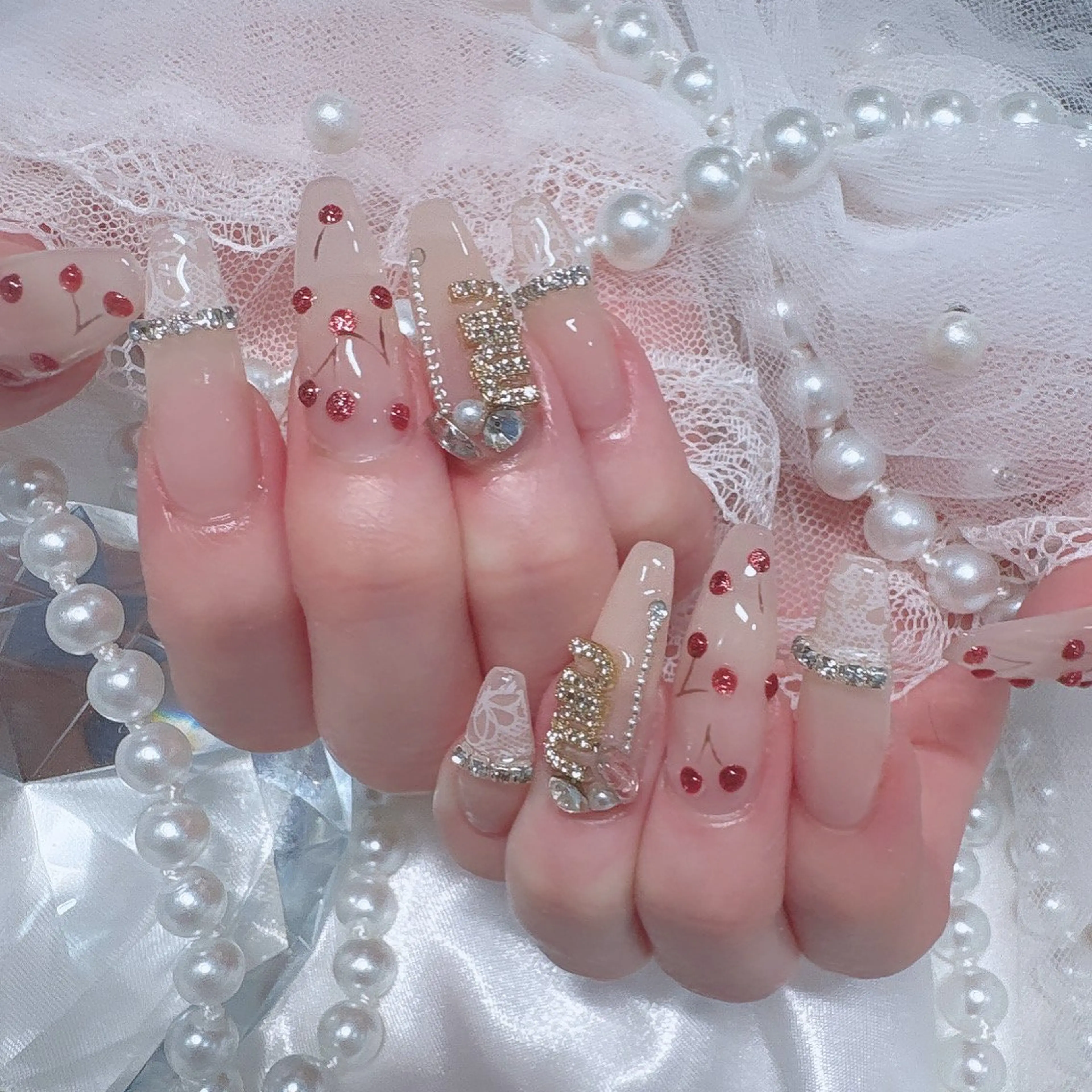 ネイル レース ロングネイル ピンク Marinnail Hibikiのネイルデザイン