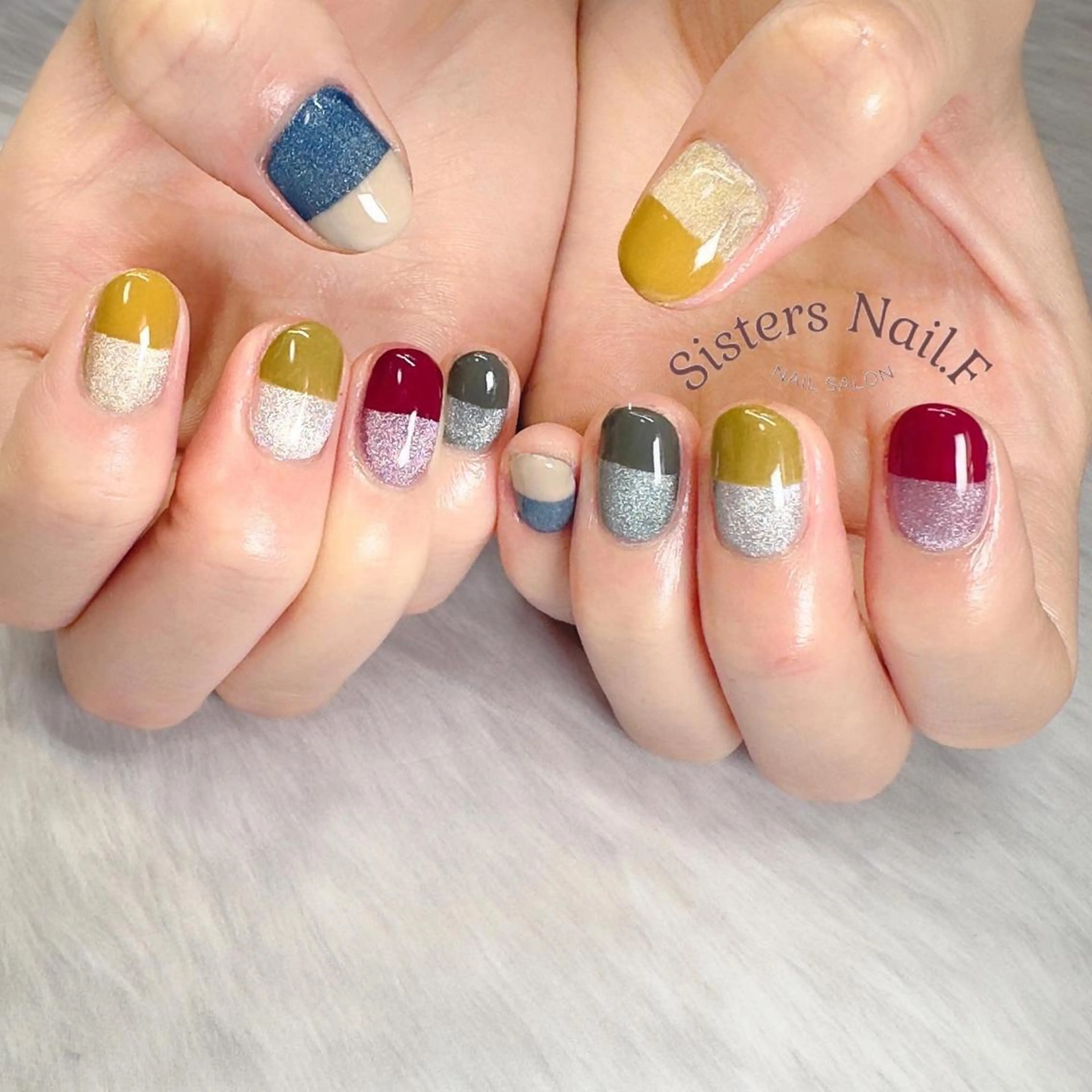 ネイル アートネイル ブルー フレンチネイル グリーン マグネットネイル sisters nail.fのネイルデザイン