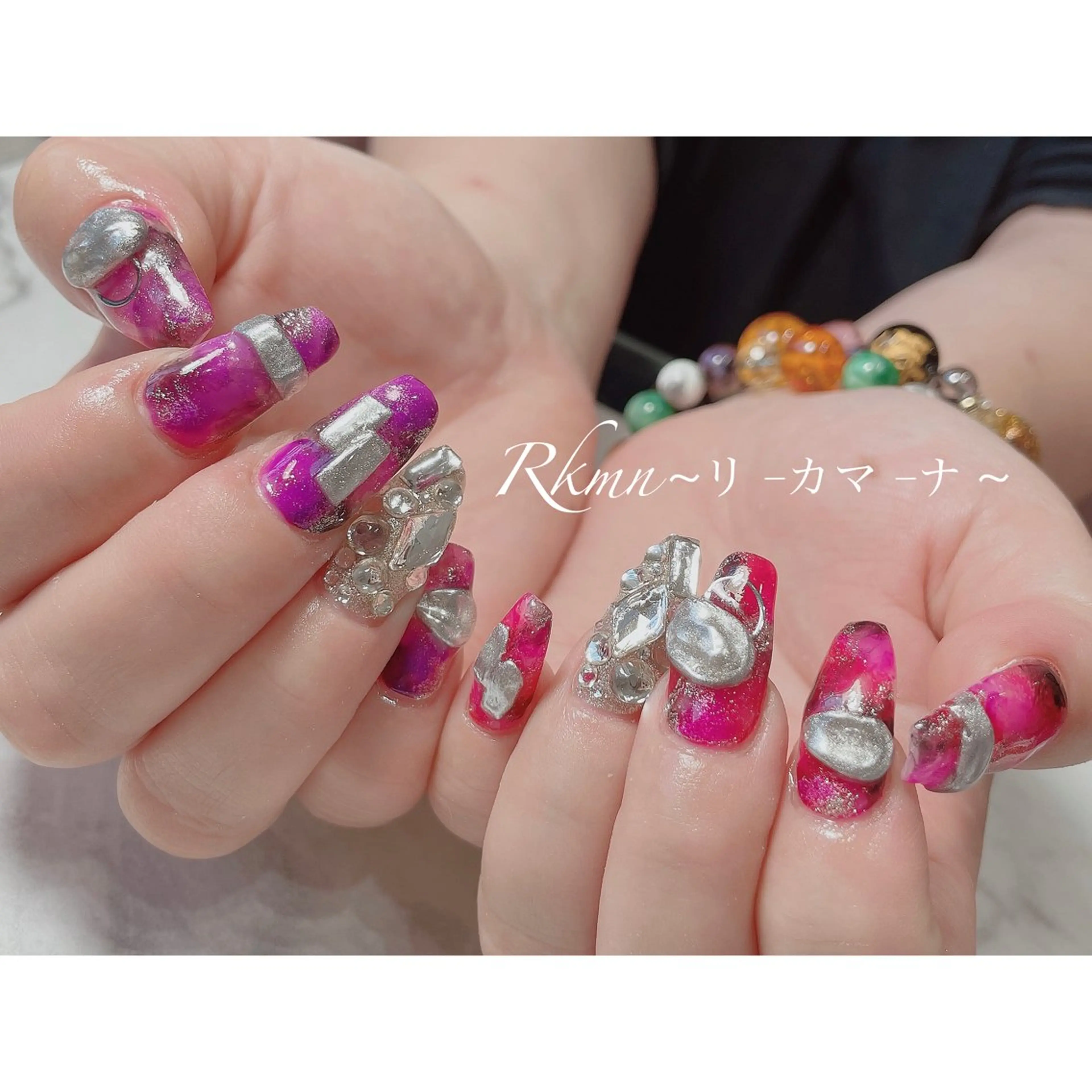 ネイル アートネイル べっ甲ネイル ミラーネイル ピンク パープル ハンドネイル フットネイル ハンドケア Rkmn ~リ-カマ-ナ~のネイルデザイン