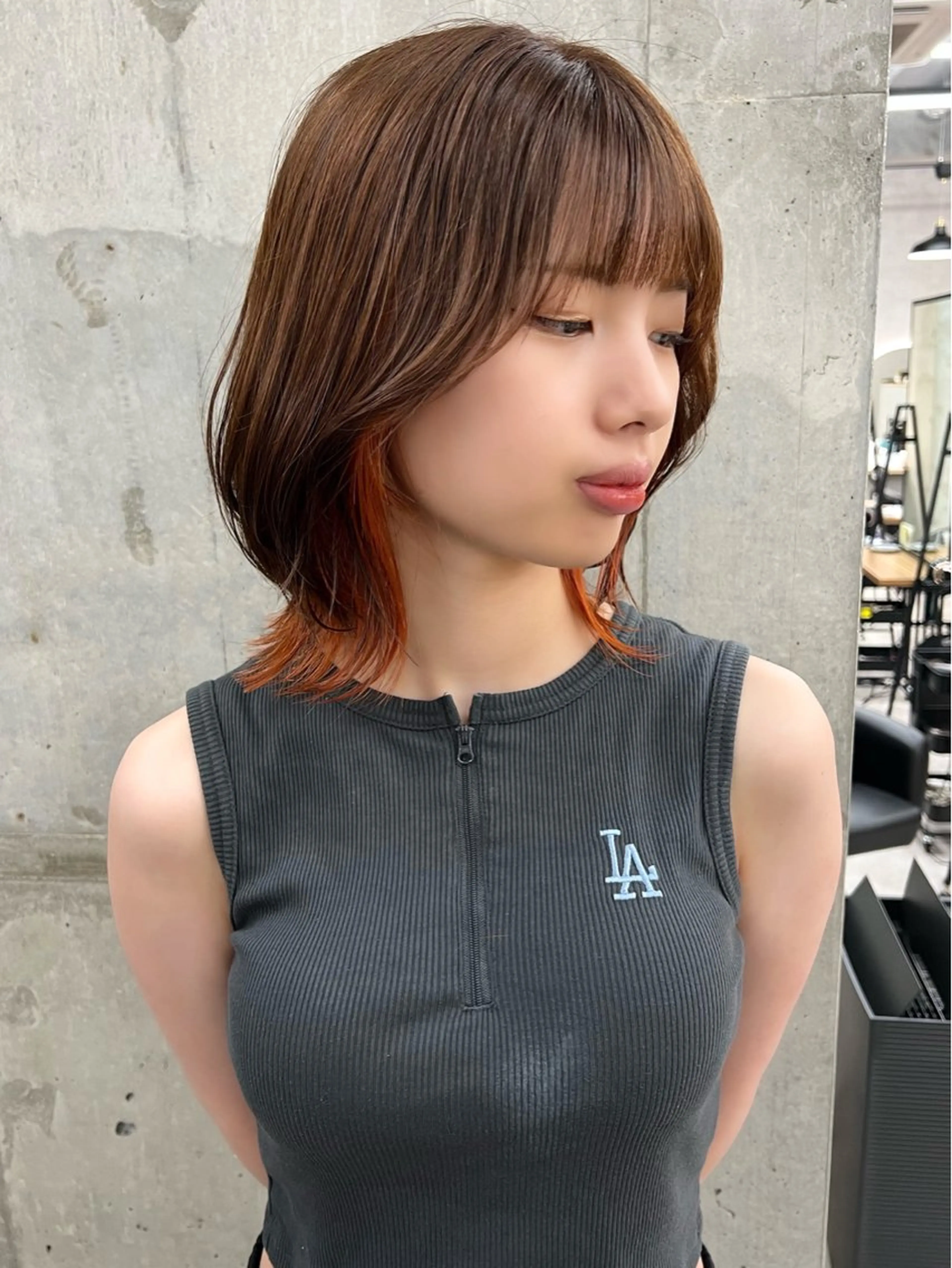 ミディアム カラー ブラウンカラー オレンジ オレンジブラウン 苗代萌/ぷるツヤ髪 🫧／レイヤーカットのヘアスタイル