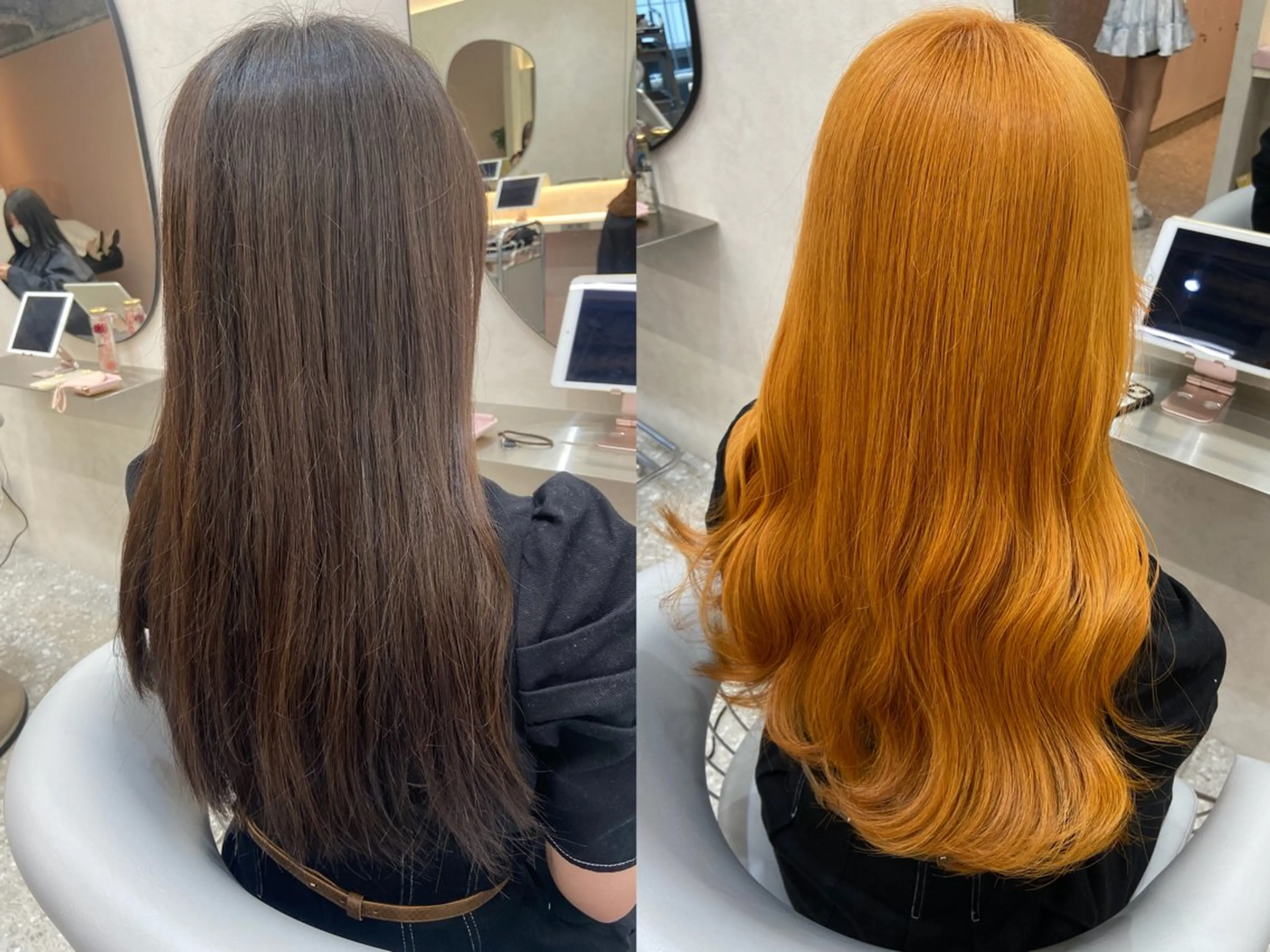 ロング カラー ブリーチ ケアブリーチ ダブルカラー オレンジ ヨシンモリ カット ヘアカラー トリートメント 新宿/韓国ヘア 中明度カラー/かやのヘアスタイル