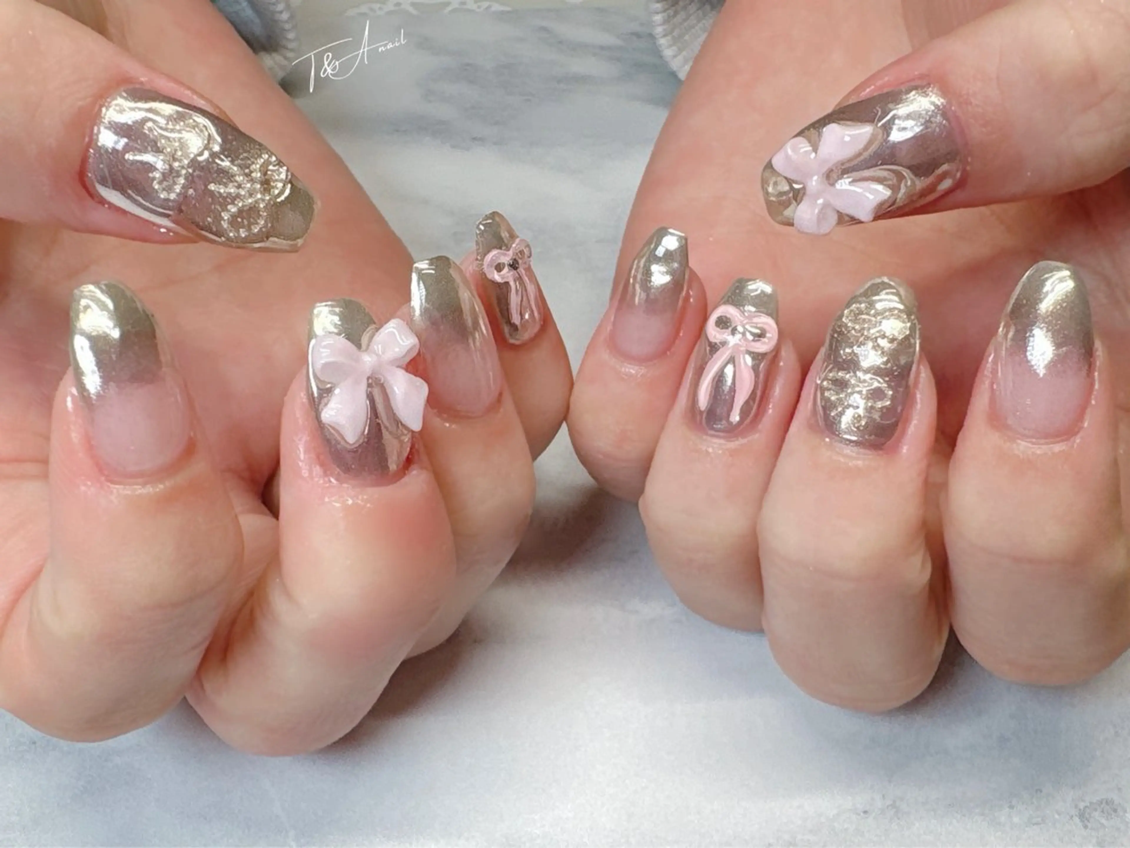 ネイル 長さ出し ジェルネイル ニュアンスネイル ピンク リボン ハンドネイル T&A nailのネイルデザイン