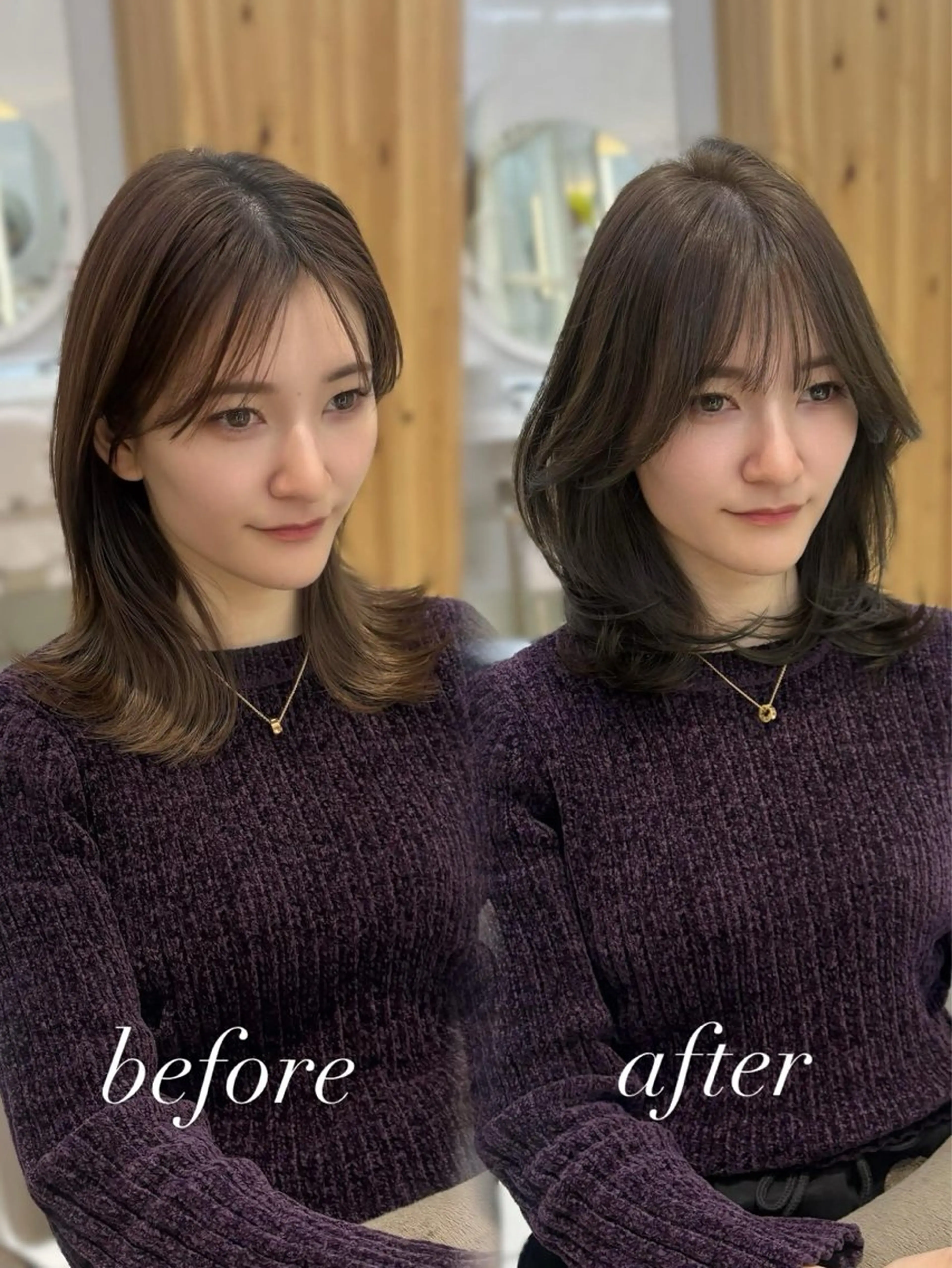 ミディアム カット ヘアカラー トリートメント かなこ／重めレイヤー ／透明感カラーのヘアスタイル