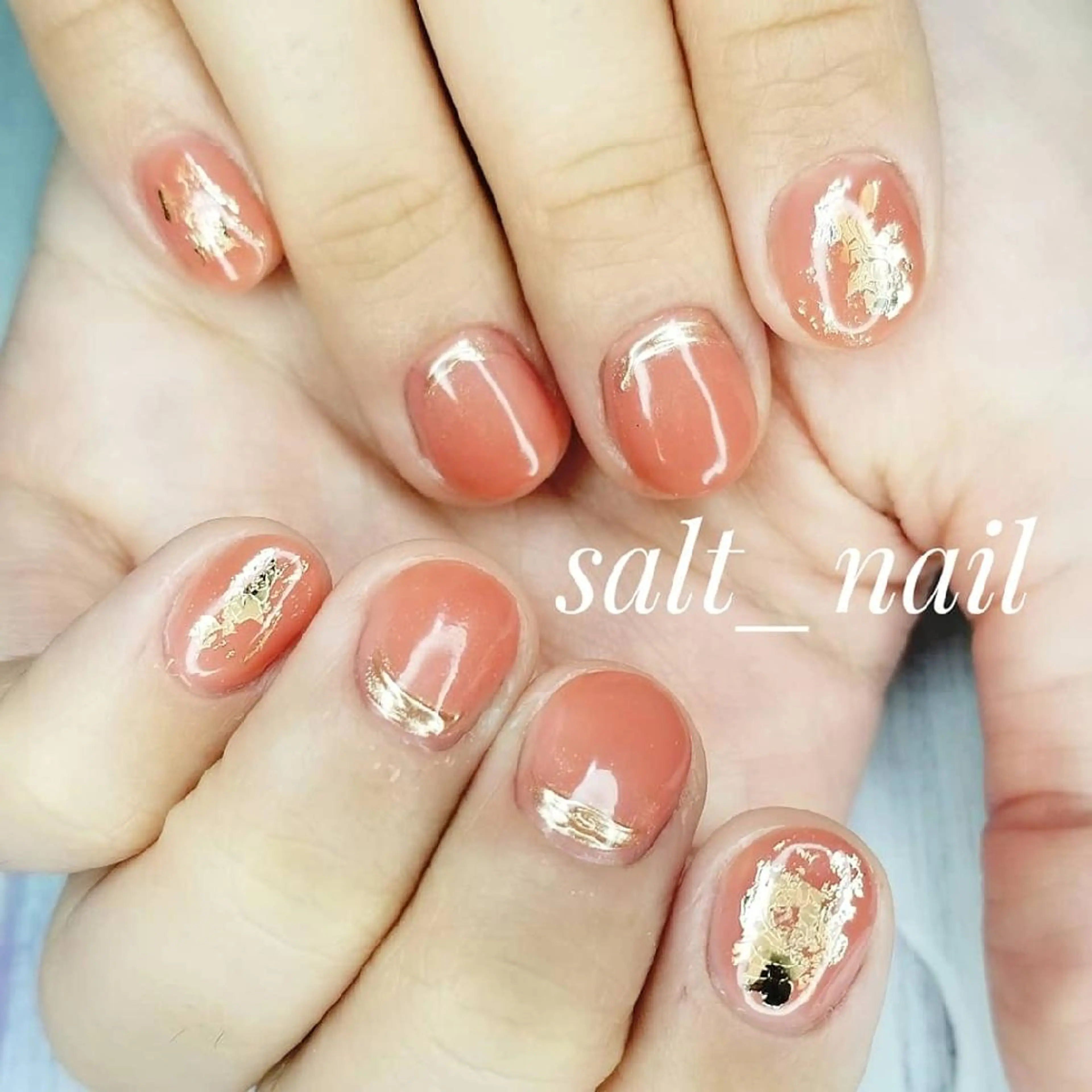 ネイル フットネイル おそろいネイル ミラーネイル オレンジ 個人サロン saltnailのネイルデザイン