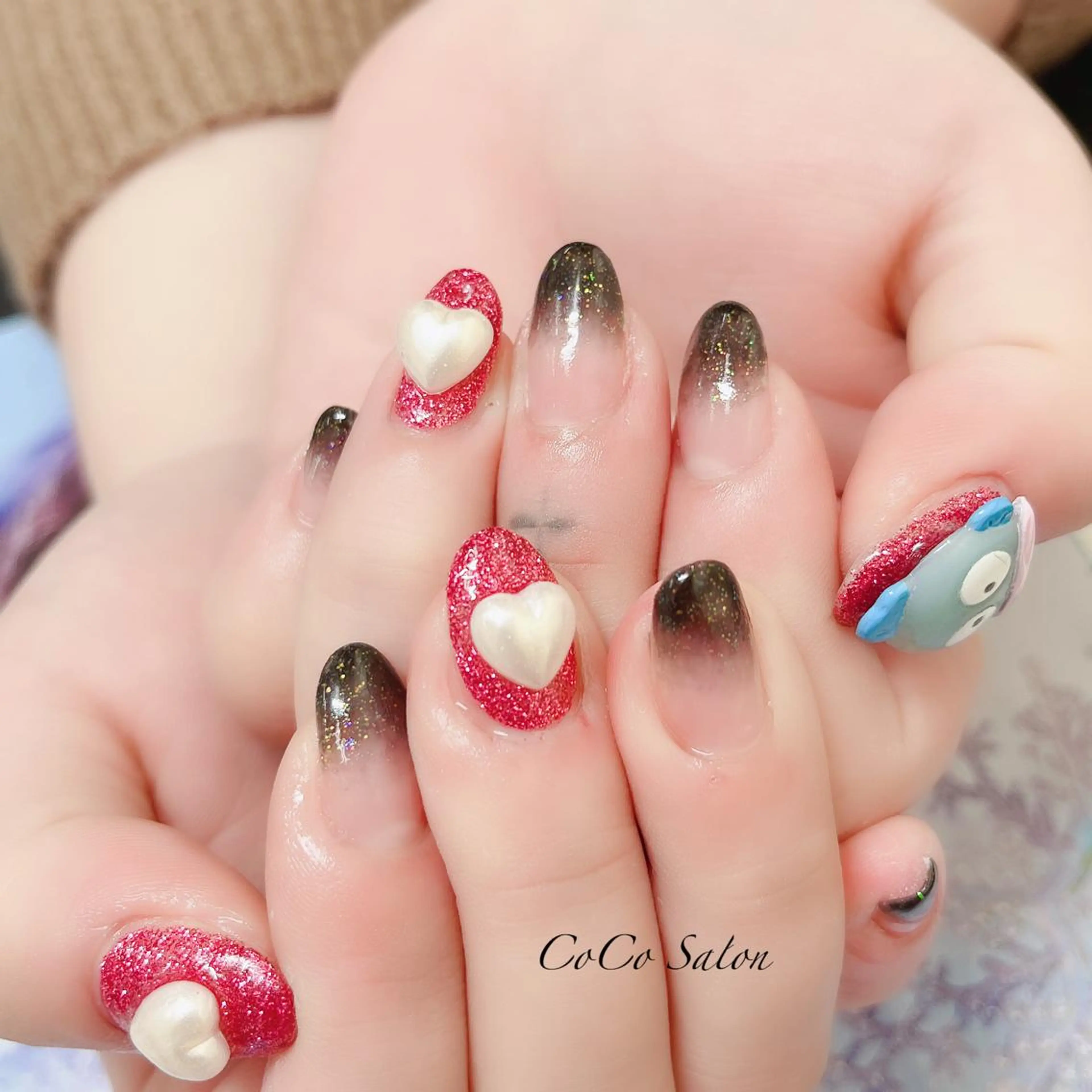 ネイル 長さ出し ジェルネイル グラデーション ハート ラメ(グリッター) CoCoSalon ネイル/まつ毛予約のネイルデザイン