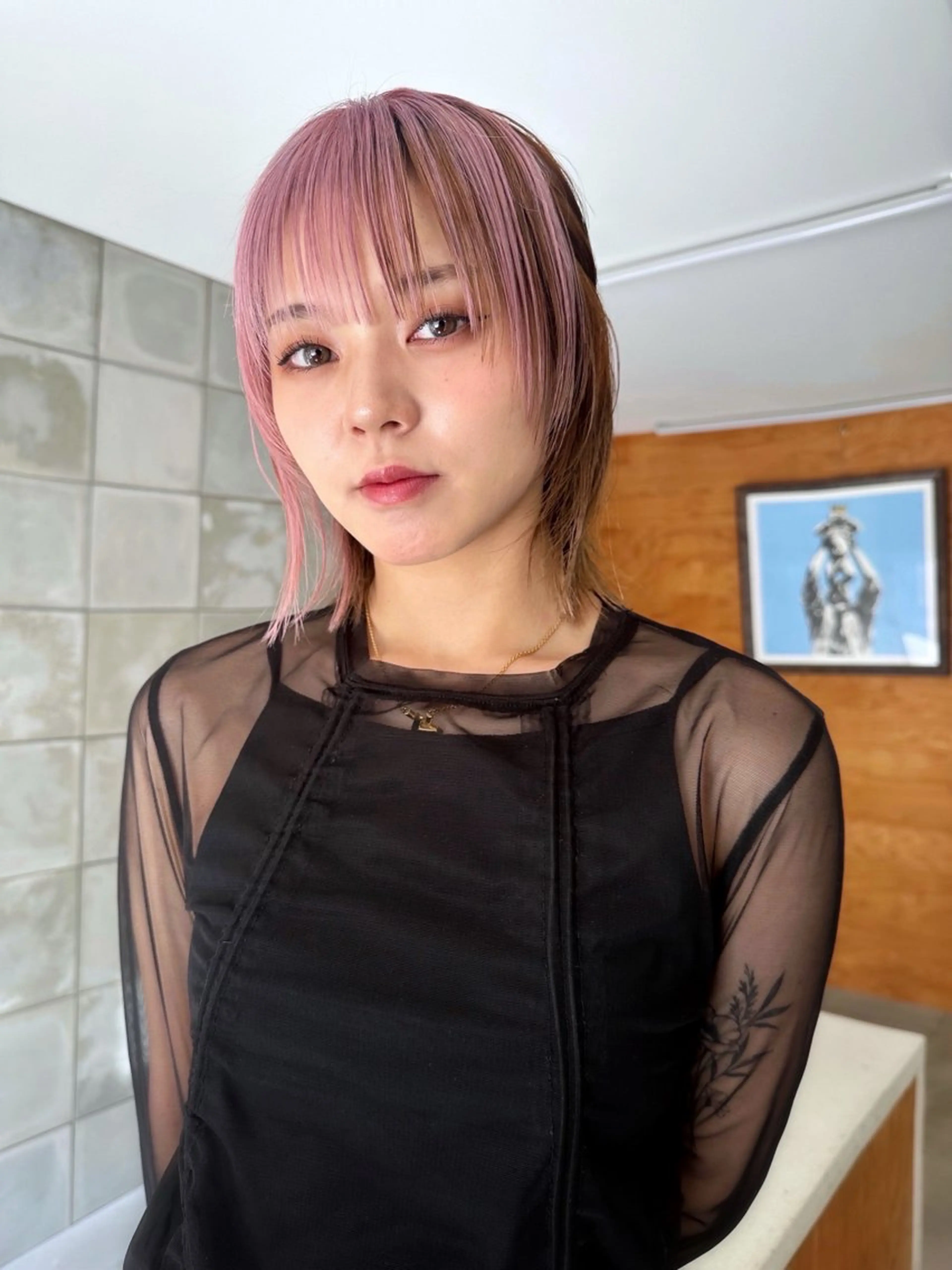 ショート カラー ブリーチ ブラウンカラー デザインカラー ダブルカラー ピンクカラー カット ヘアカラー パーマ /レイヤー 榛地渉馬 /矢場町のヘアスタイル