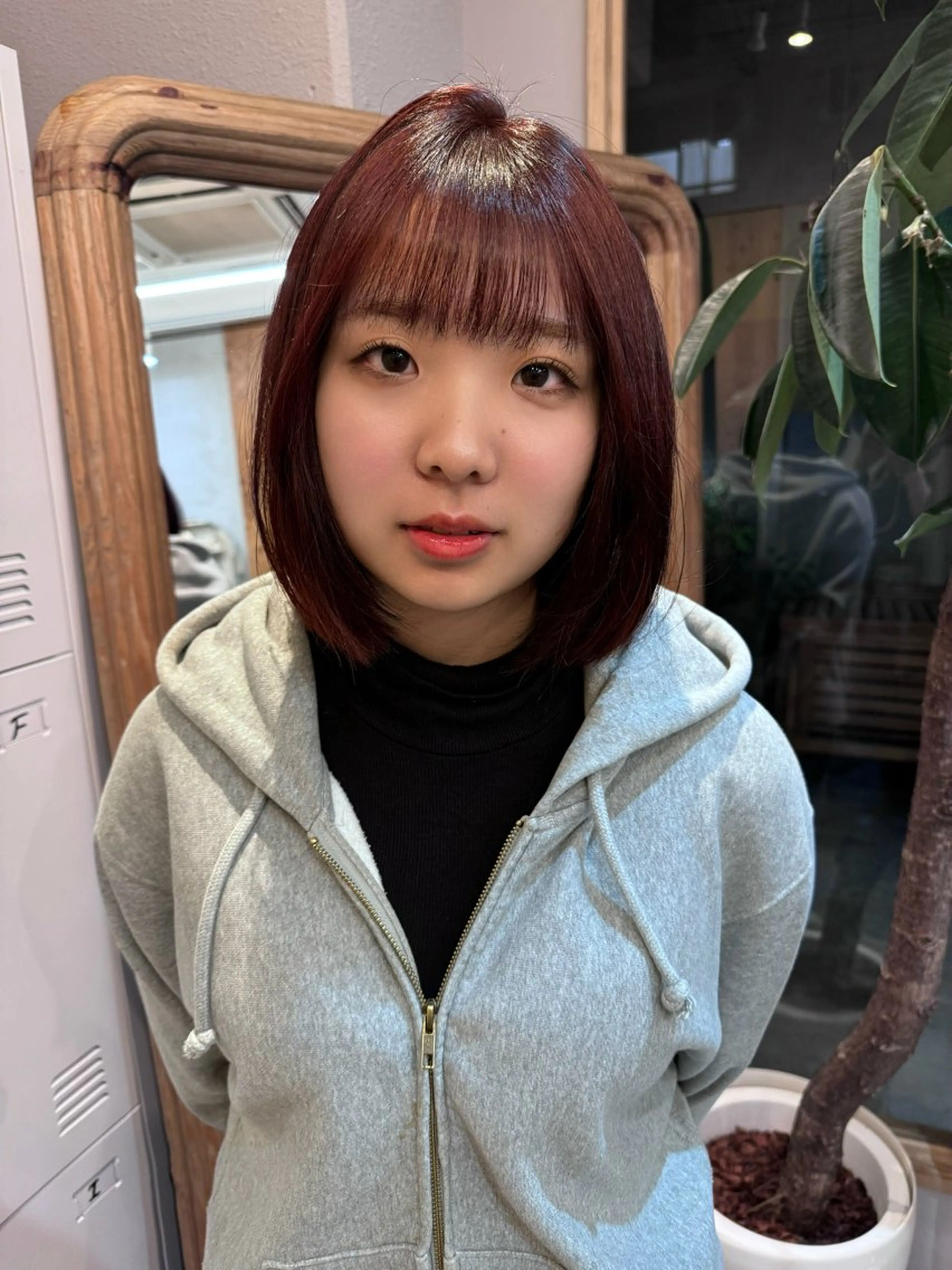 ミディアム カラー レッドカラー ボブ ハイトーン縮毛/暖色 なーな🎀🤍のヘアスタイル