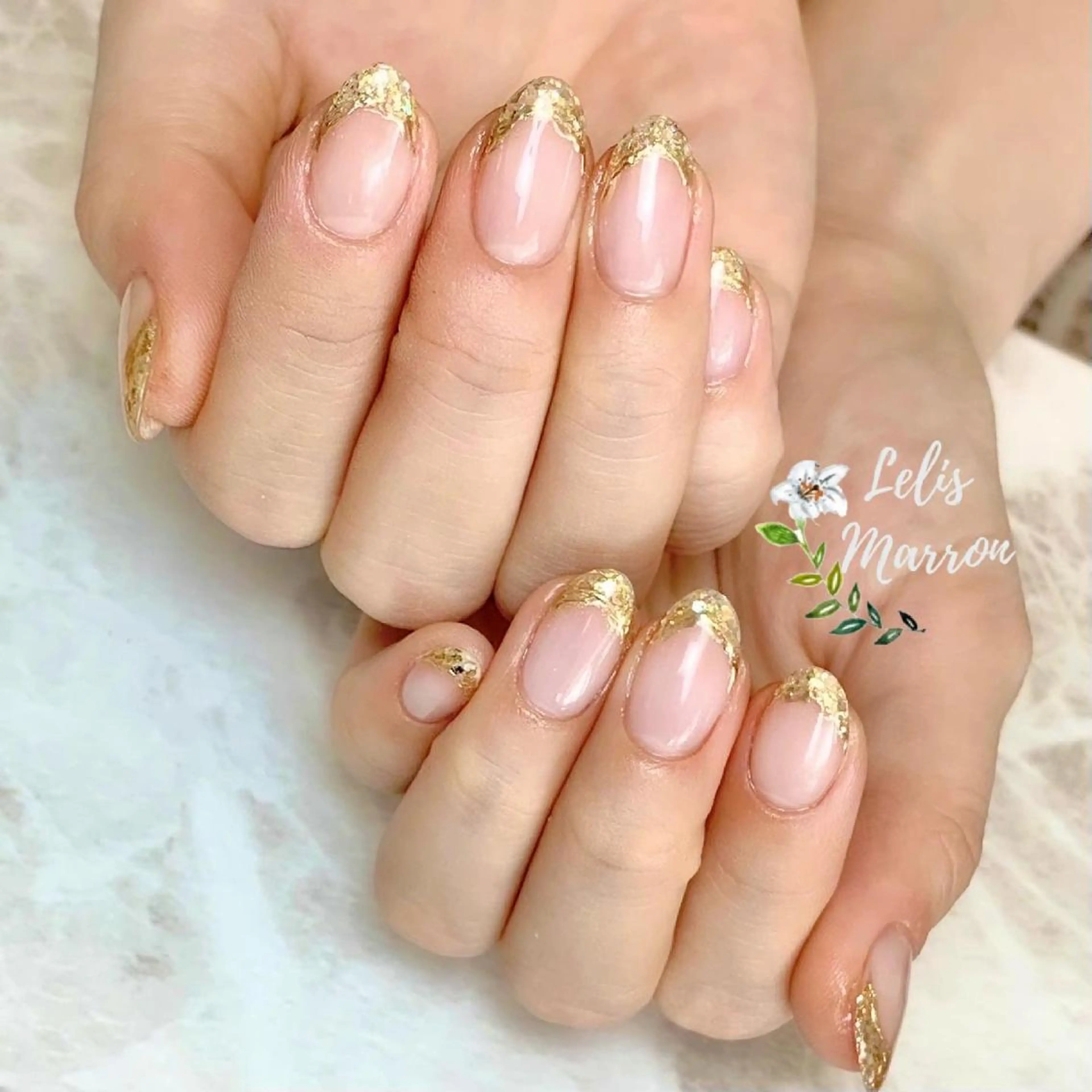 ネイル フレンチネイル ガラスフレンチ ラメ(グリッター) ミラーネイル ニュアンスネイル Lelis Marron所属・岸 侑李のネイルデザイン