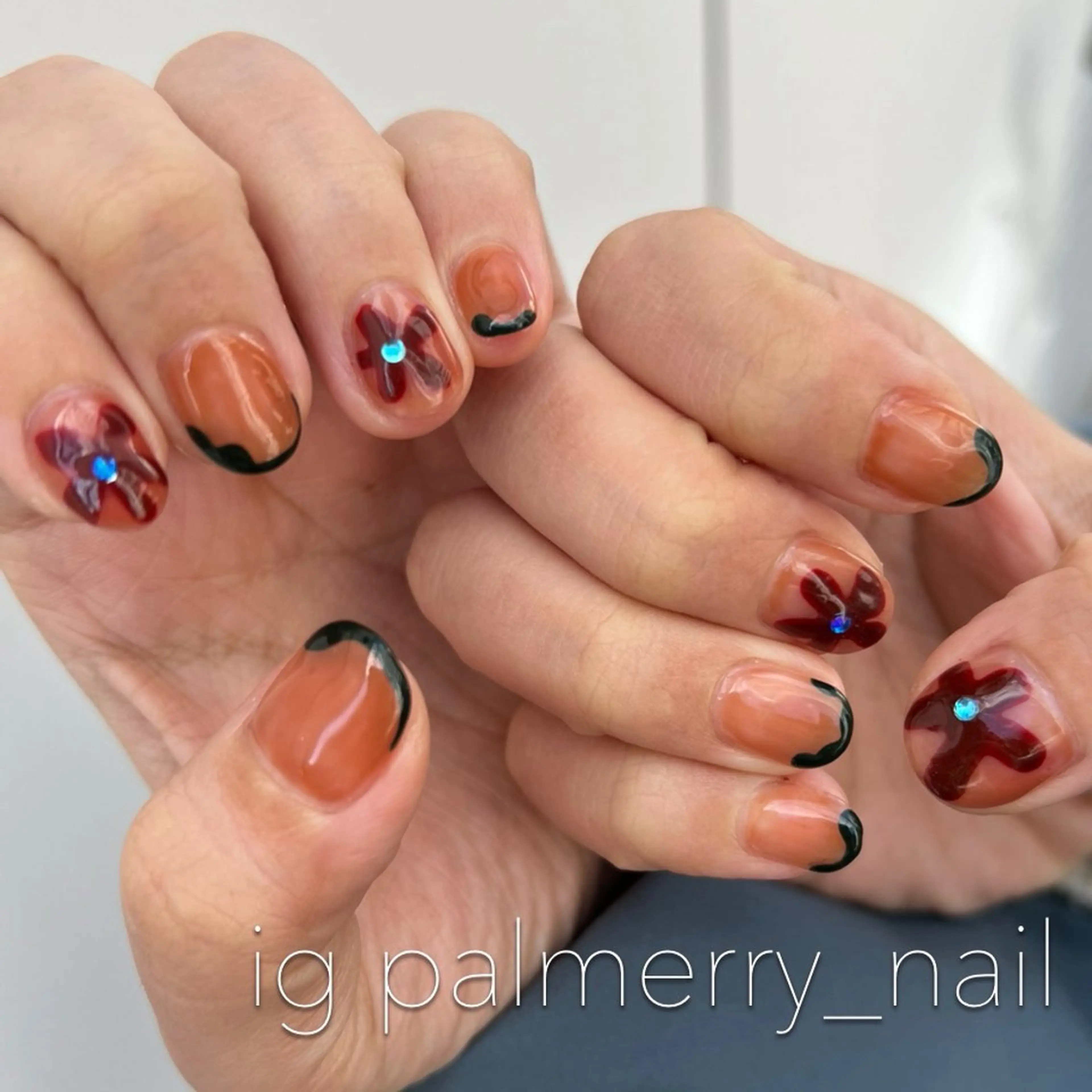 ネイル ボルドー ブラウン フラワーネイル フレンチネイル ショートネイル palmerry nail所属・住吉 美香のネイルデザイン