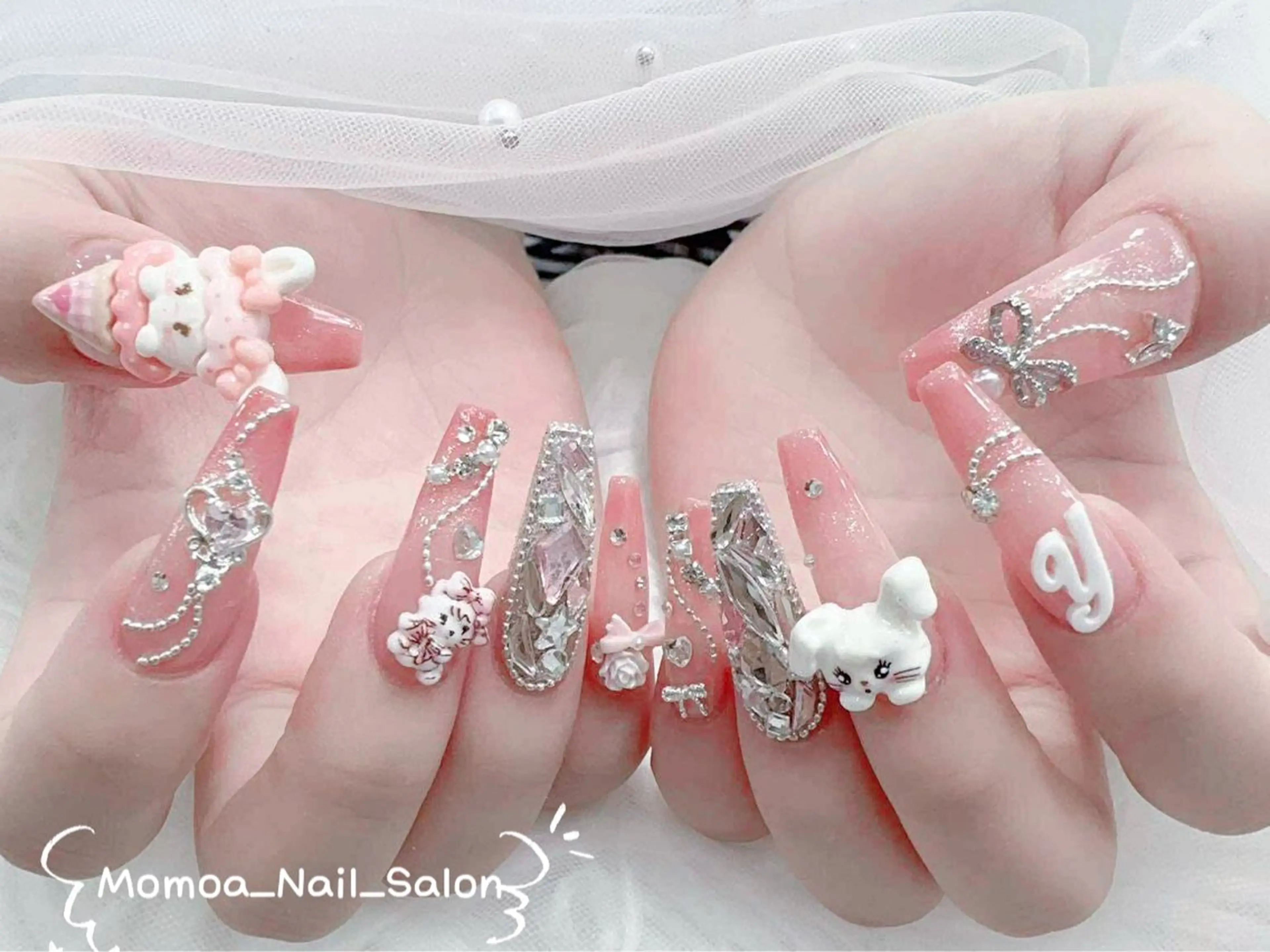 ネイル 成人式 ロングネイル マグネットネイル 大理石ネイル(マーブル) 持ち込み ハンドネイル MoMoA Nail ネイル長さ出し専門店のネイルデザイン