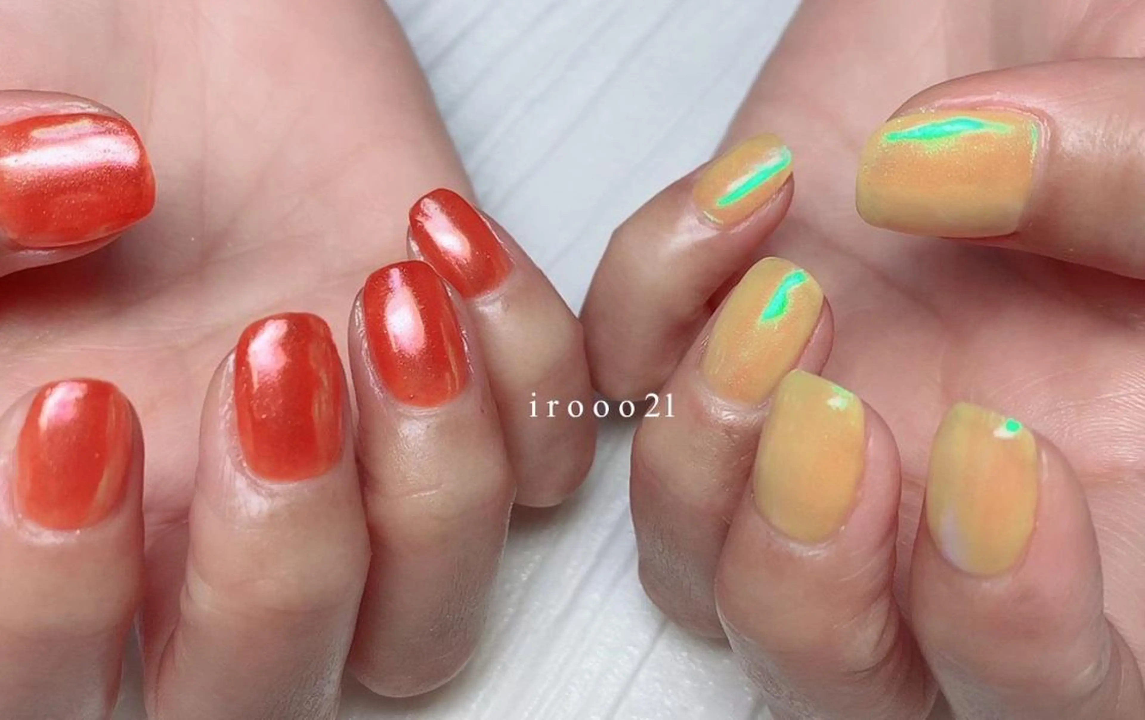 ネイル 氷ネイル・うるうるネイル オレンジ 黄色 irooo 21のネイルデザイン