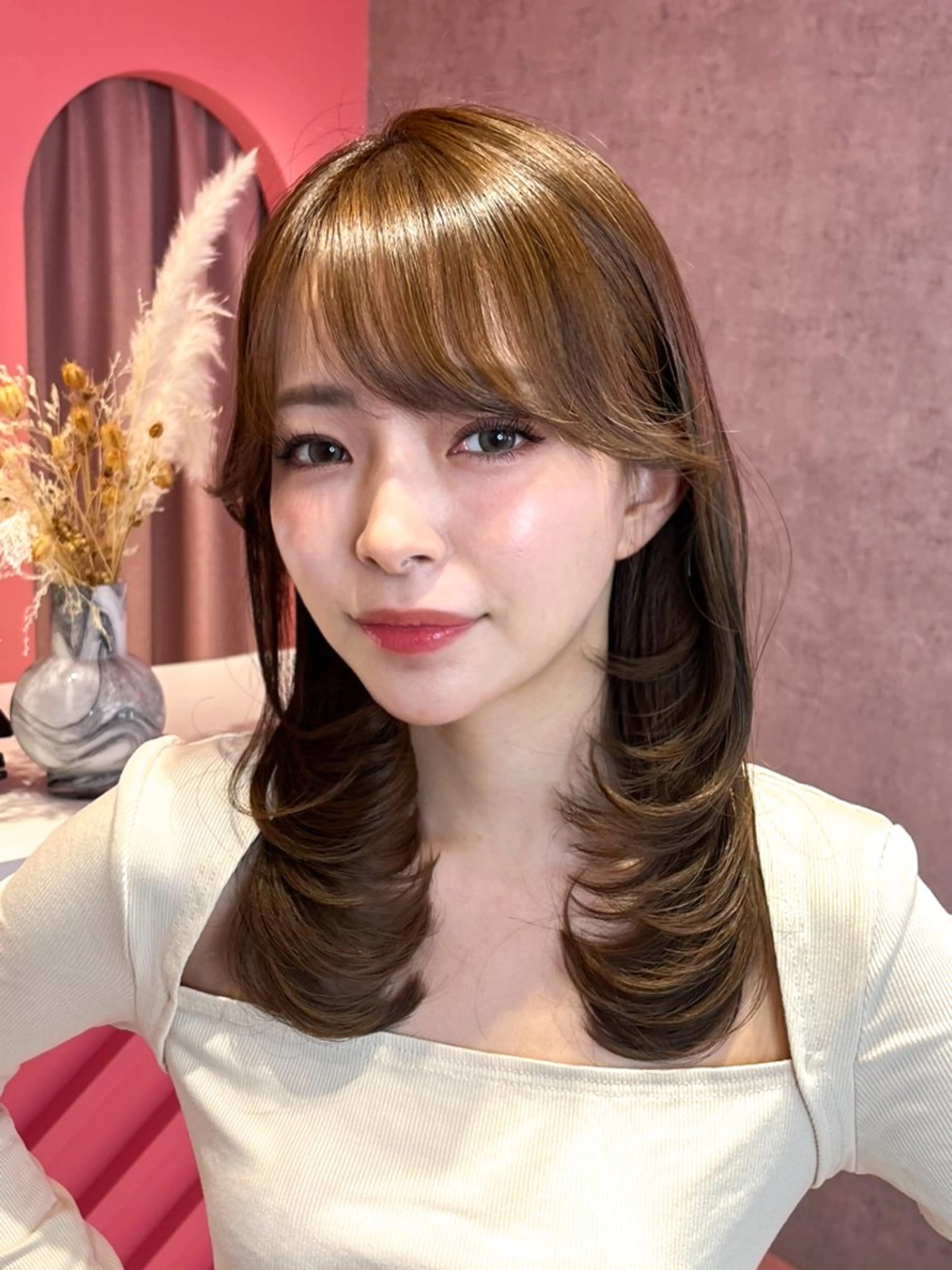 ミディアム カラー 山崎/ボブ縮毛矯正 レイヤー髪質改善のヘアスタイル