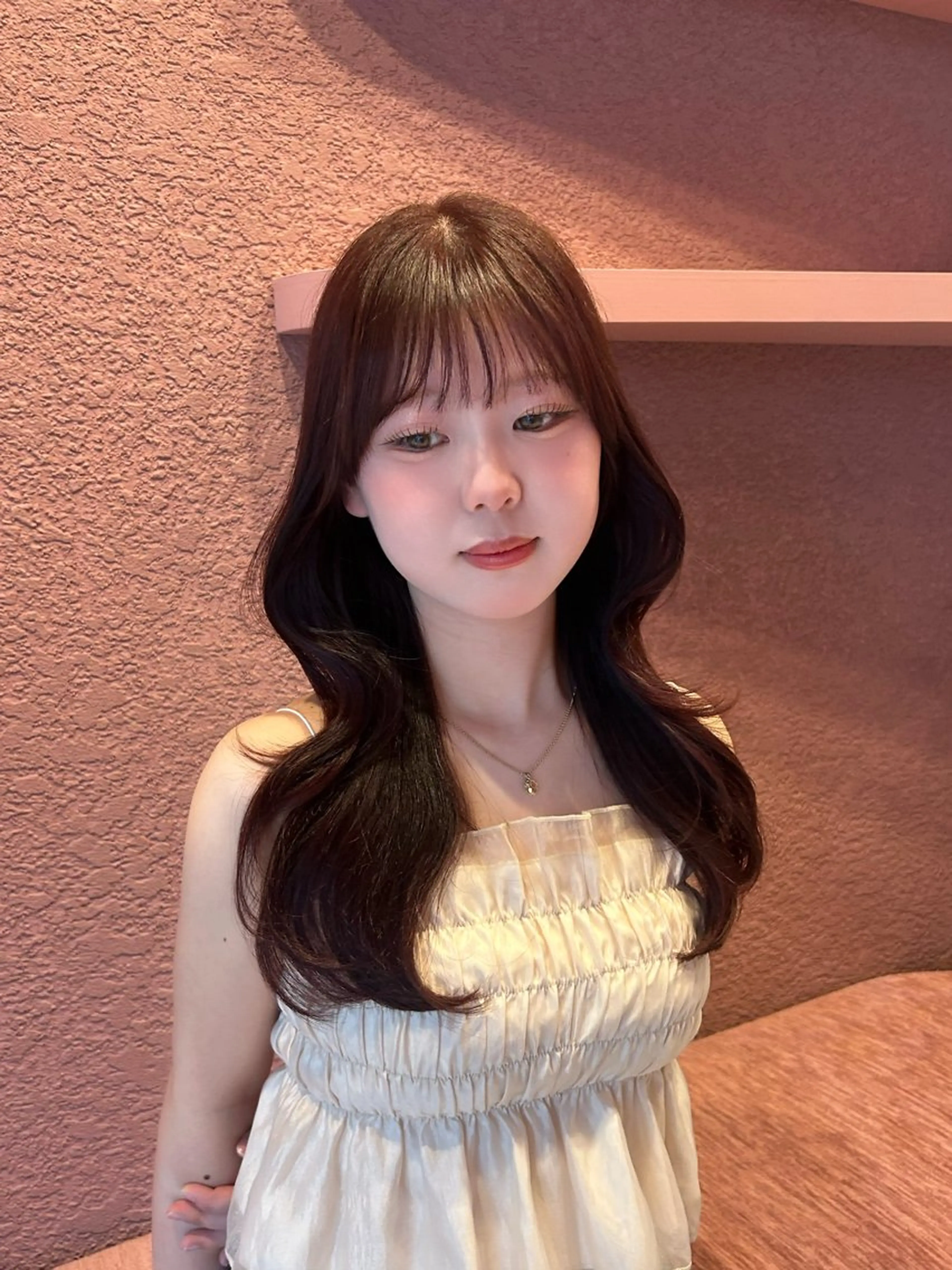 セミロング 韓国風カラー 顔まわりレイヤー 顔周りカット 髪質改善 韓国風ヘア ヘアカラー トリートメント 透明感カラー♡ 原宿美容室￤Rinaのヘアスタイル