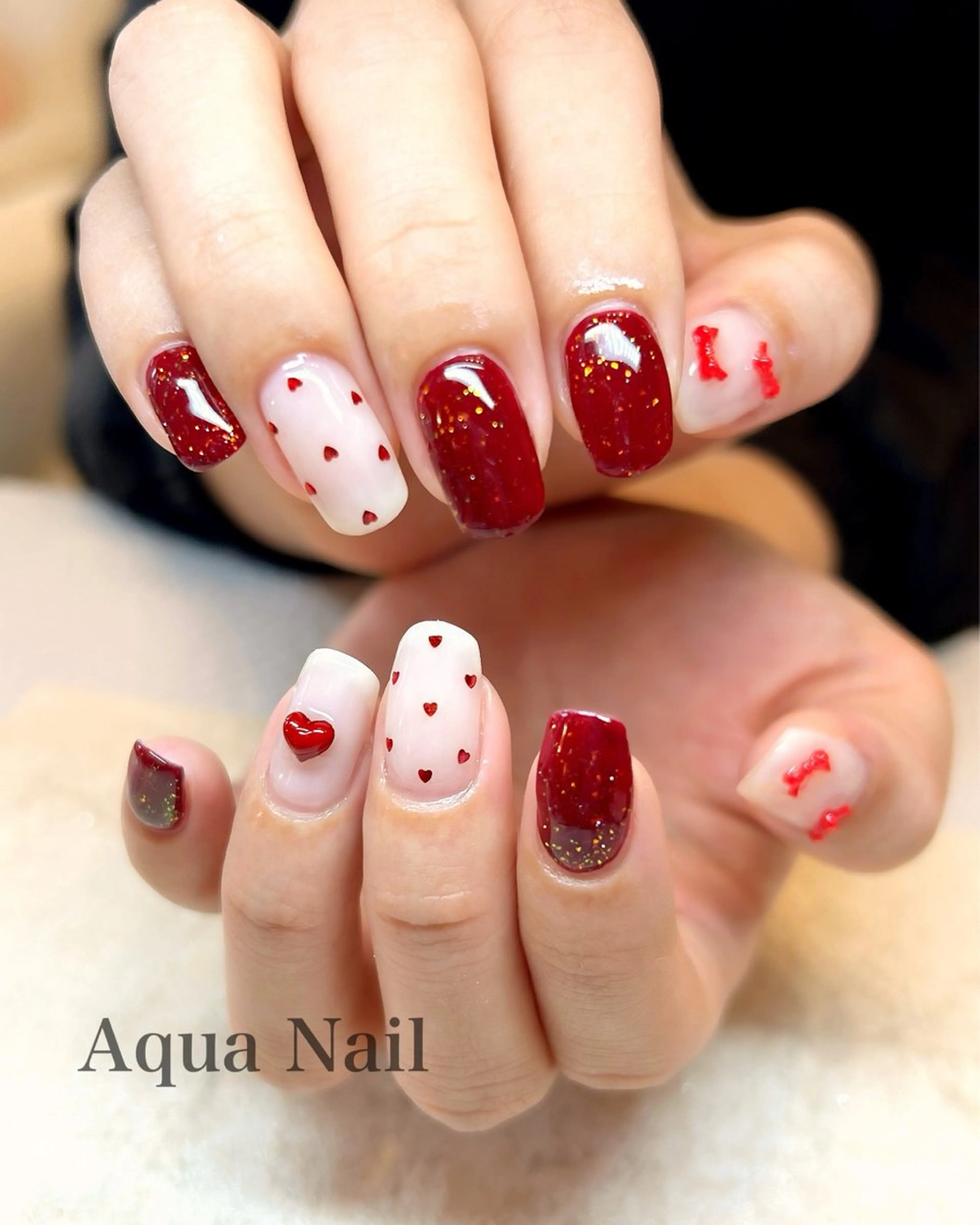ネイル アートネイル ガーリー ハート ラメ(グリッター) ぷっくりネイル ハンドネイル フットネイル AQUA NAIL所属・AQUA NAILのネイルデザイン