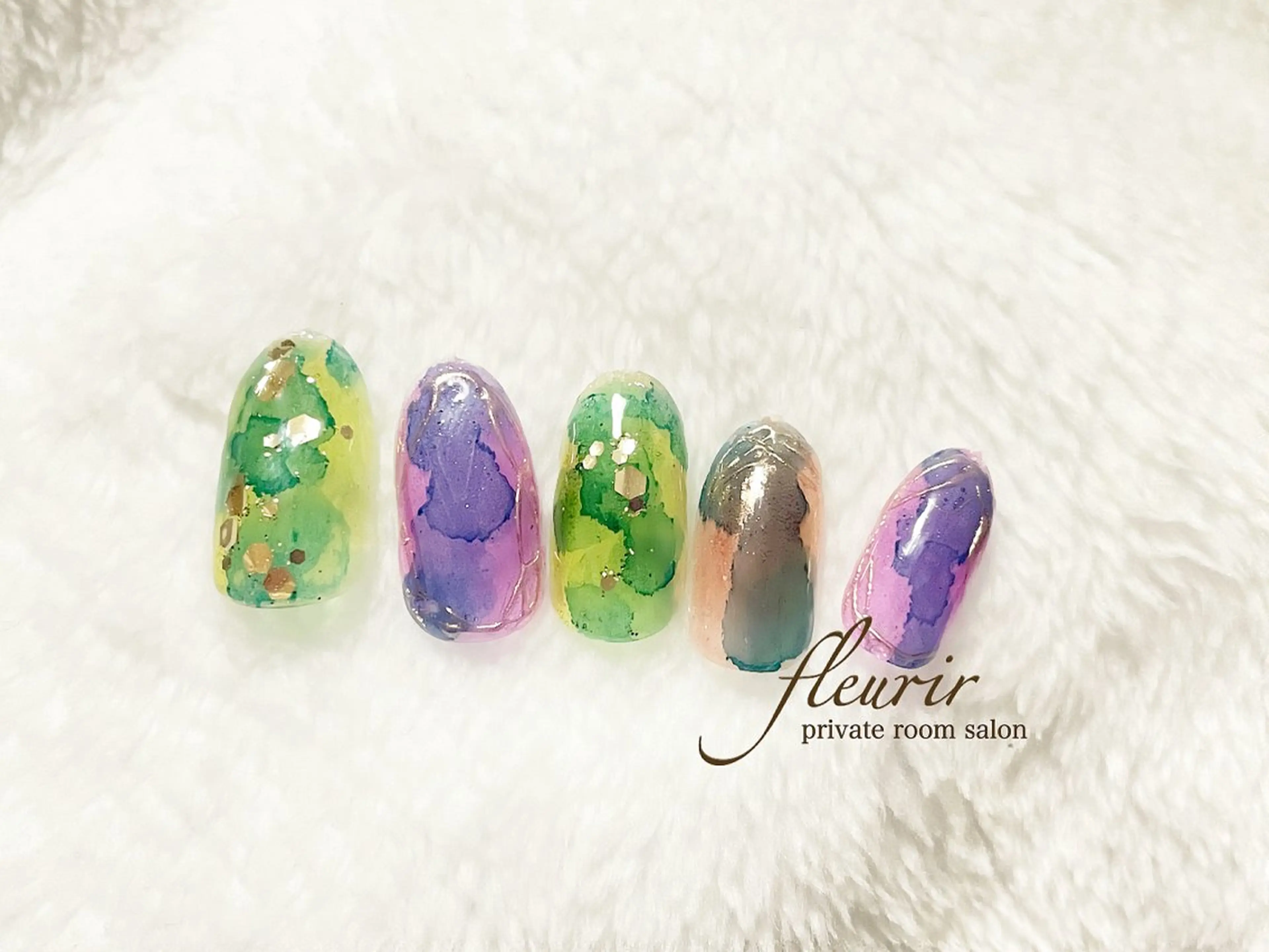 ネイル アートネイル ブルー グリーン ホログラムネイル ミラーネイル フルリール 【プライベートサロンのネイルデザイン