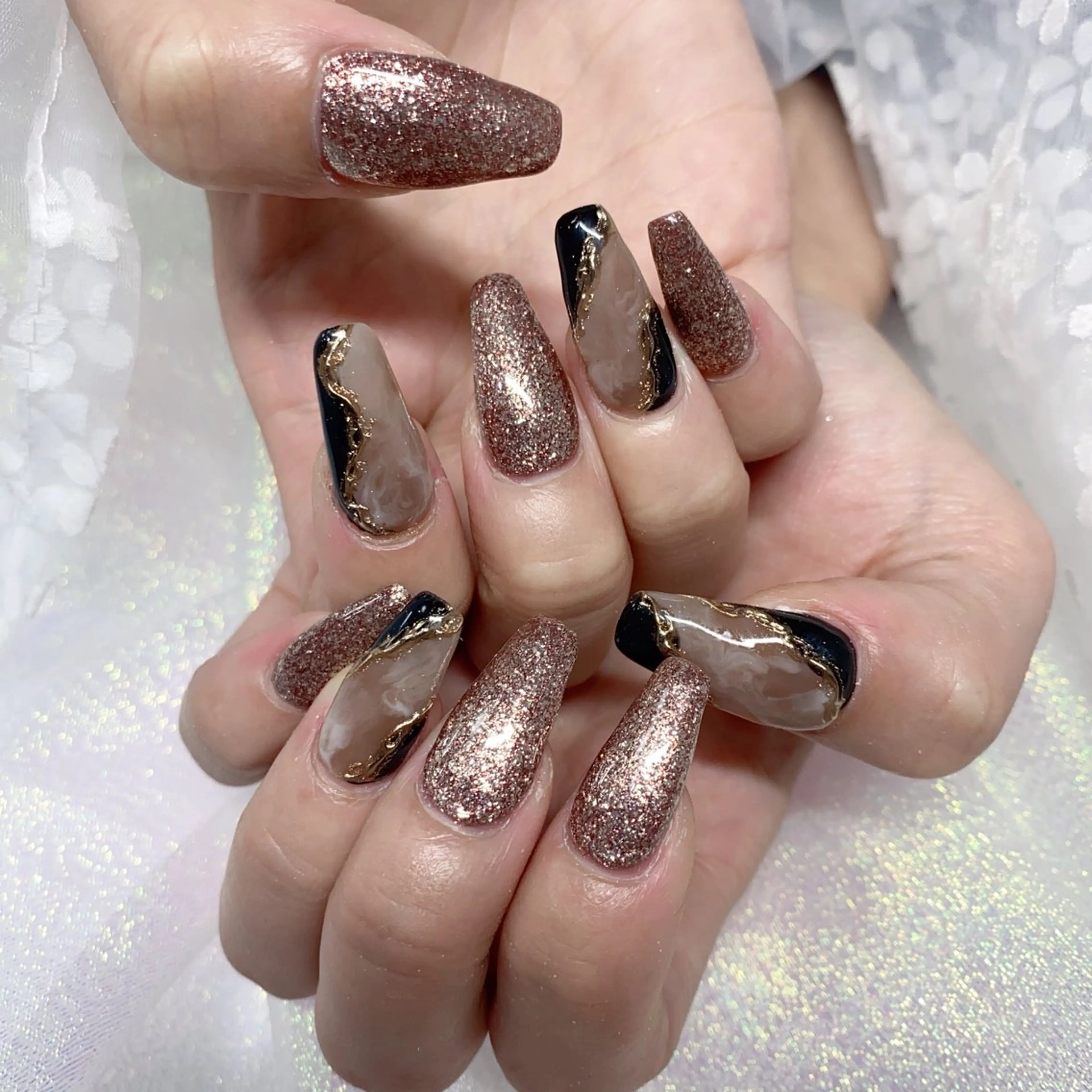ネイル 長さ出し ジェルネイル キラキラネイル 大理石ネイル(マーブル) ニュアンスネイル Morpho nailのネイルデザイン