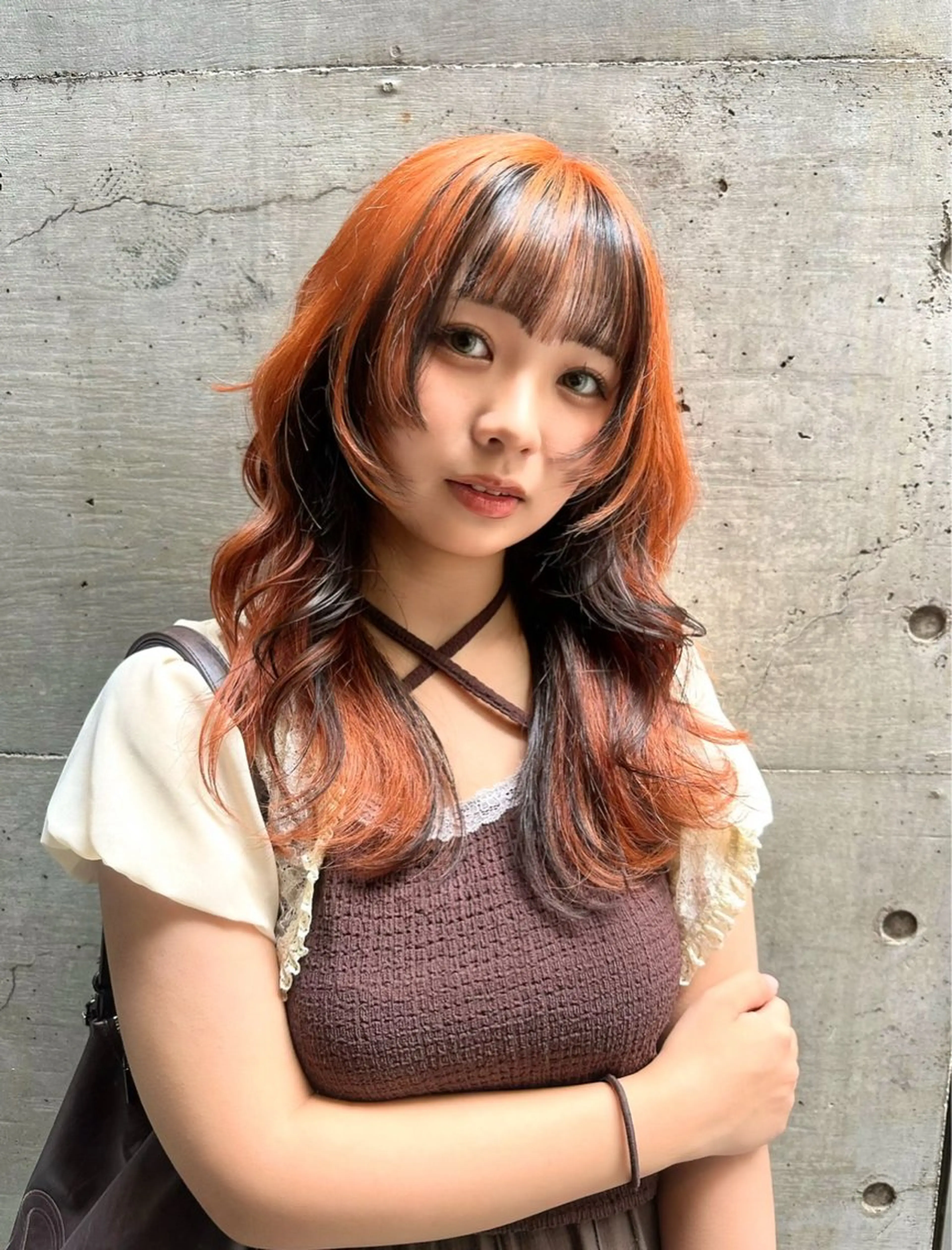 ロング カラー 黒髪 デザインカラー オレンジ カット ヘアカラー トリートメント ハイトーン/ショート /akane🐰♥️のヘアスタイル