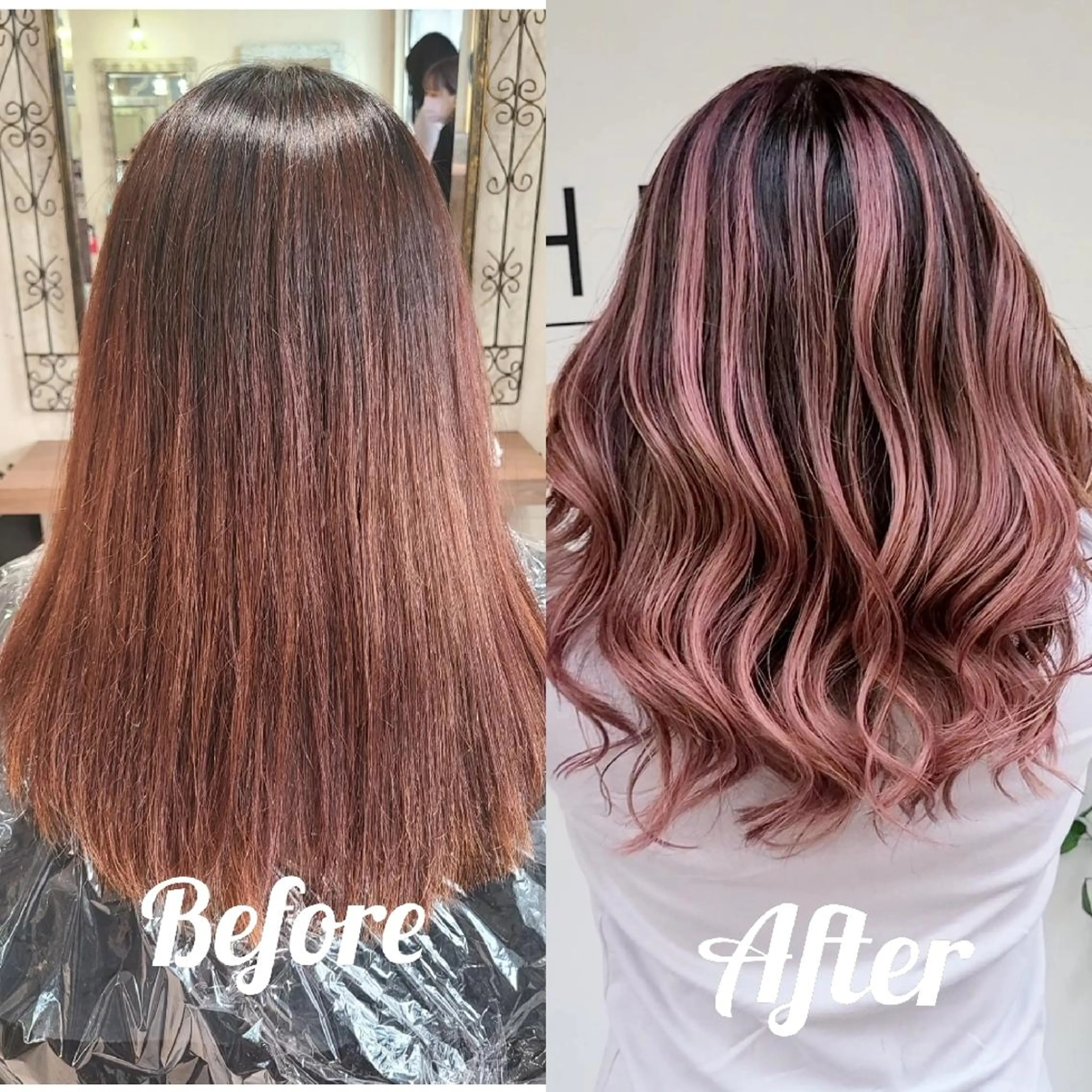 セミロング カラー バレイヤージュ ピンクカラー 外国人風カラー レイヤーカット cherie所属・バレイヤージュ/ ハイライト/大内格のヘアスタイル