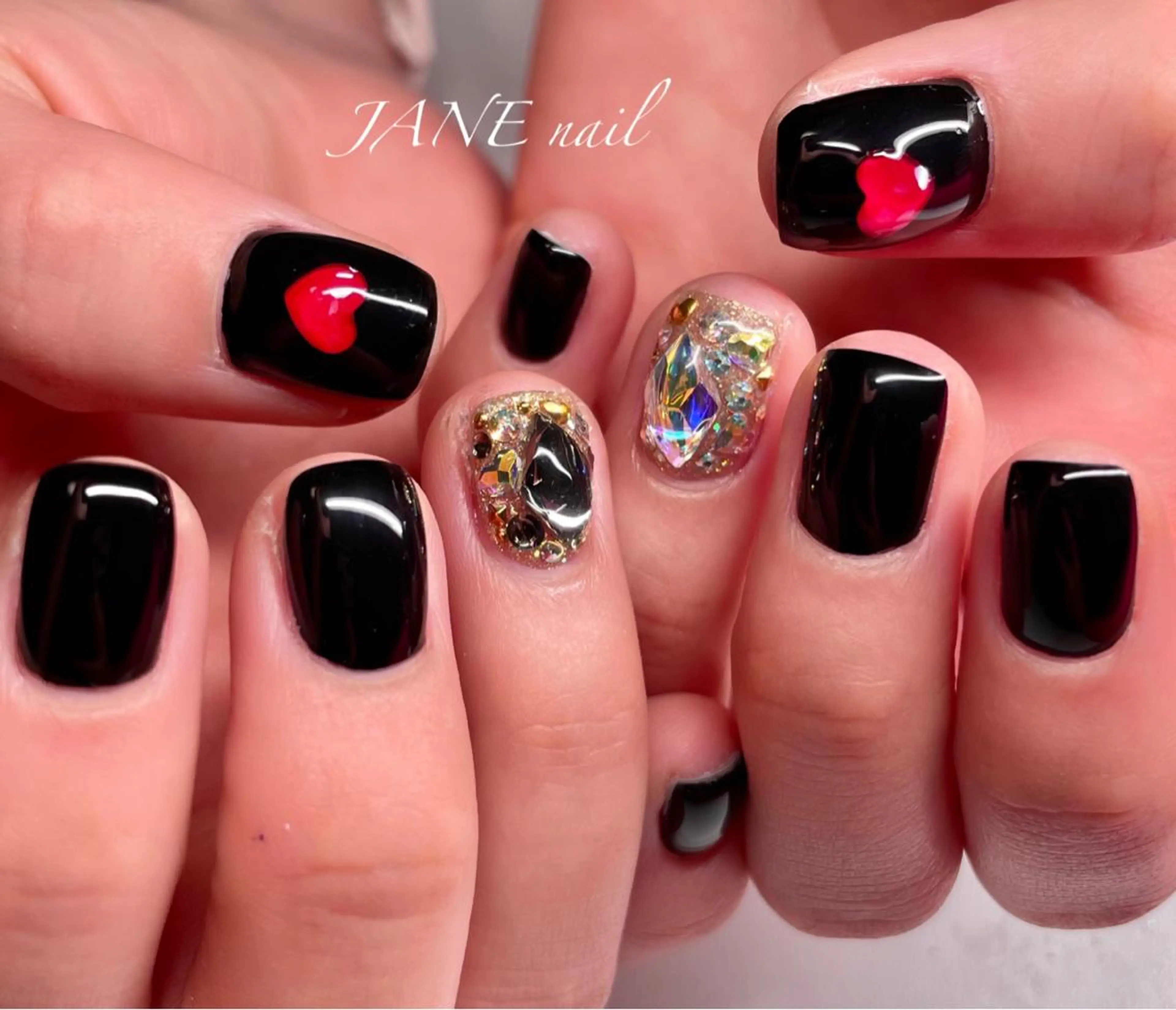 ネイル フットネイル ハート 赤色 スクエアネイル バレンタイン ハンドネイル Nail Salon JANEのネイルデザイン