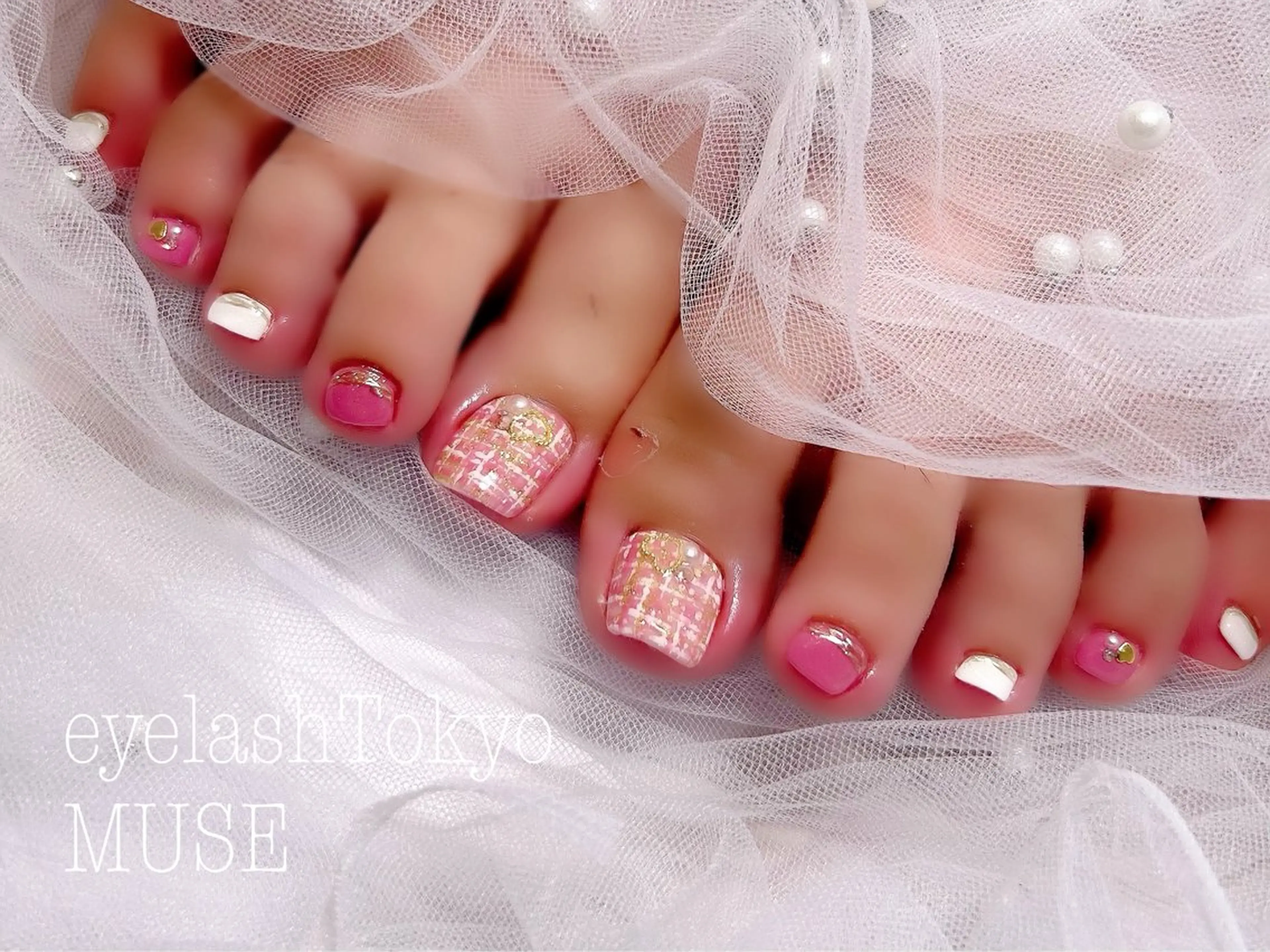 ネイル フットネイル ピンク ツイードネイル tanaka ◡̈のネイルデザイン