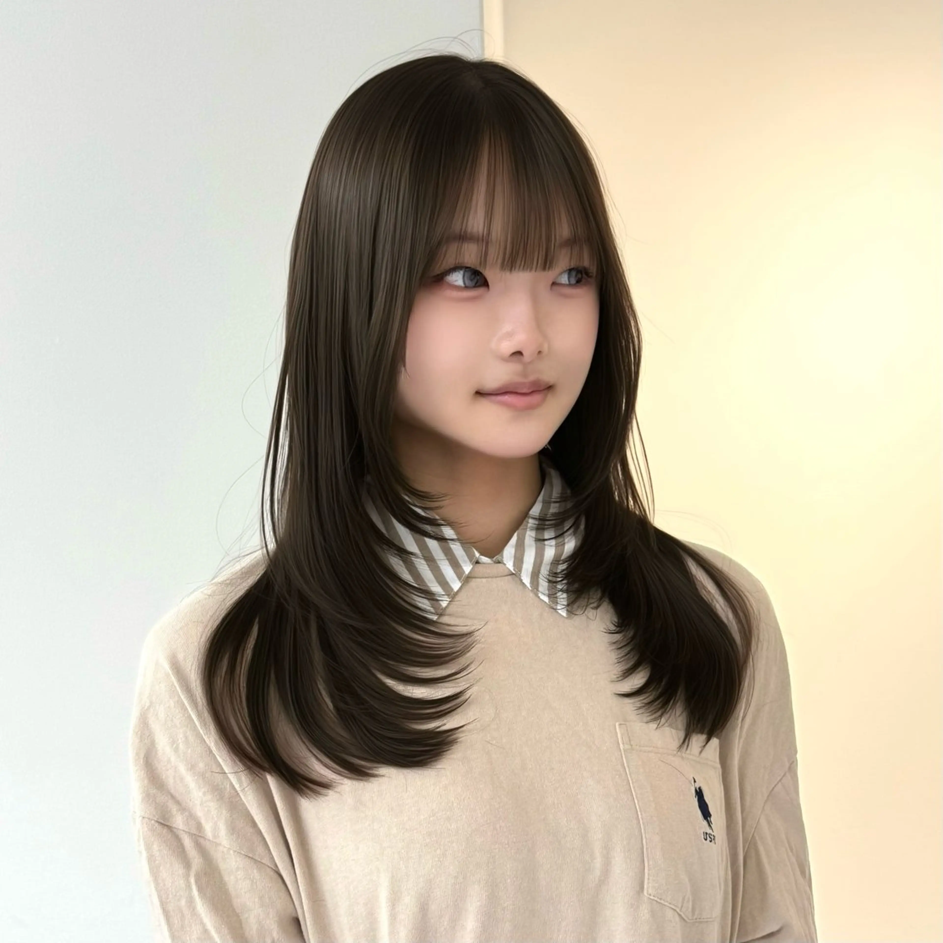 ミディアム ケアカラー 髪質改善 レイヤーカット 縮毛矯正 トリートメント ヘアカラー 鍋田/ vivie/ 縮毛矯正／レイヤーのヘアスタイル