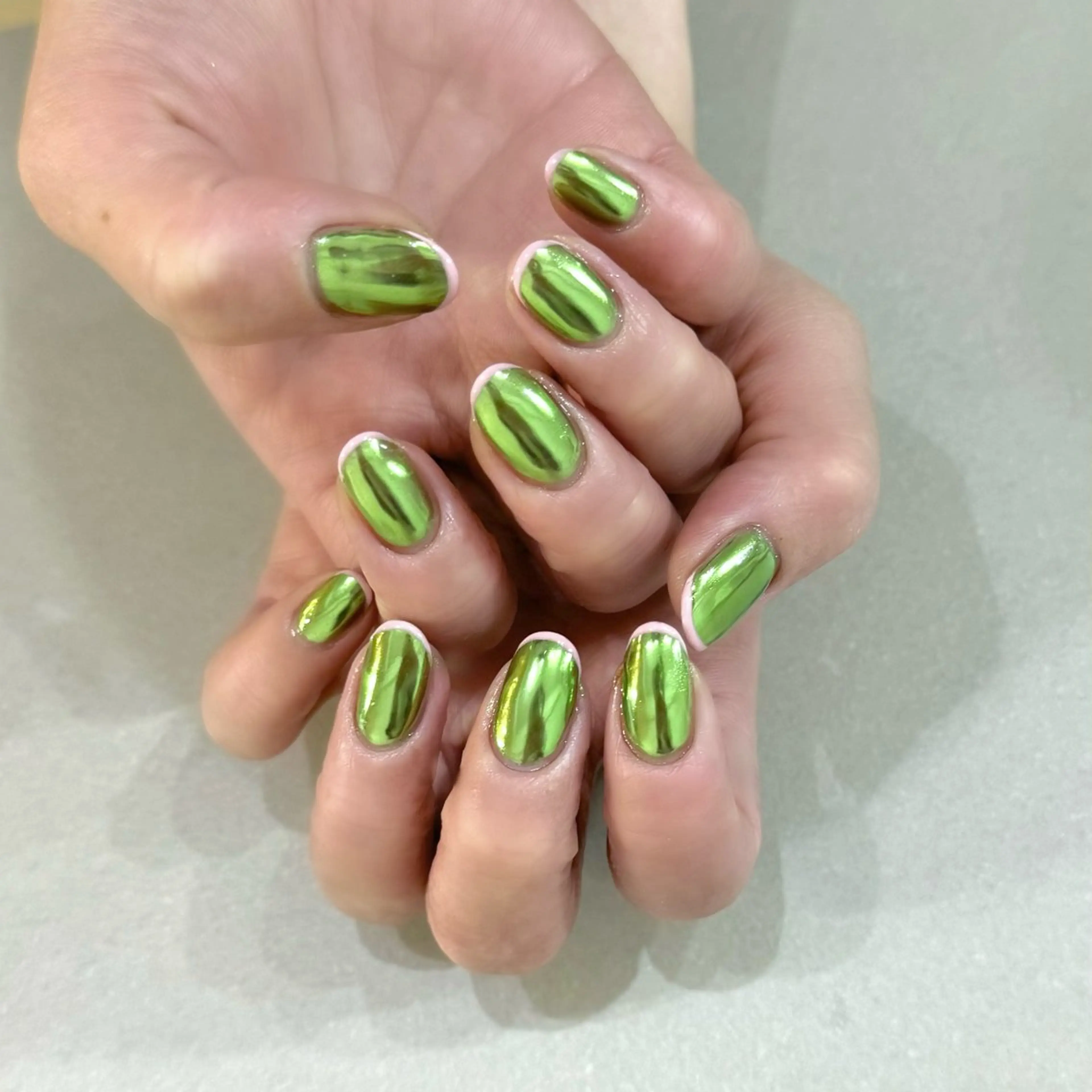 ネイル フレンチネイル グリーン ミラーネイル ピンク ハンドネイル HARUKA ネイリスト福岡/薬院のネイルデザイン
