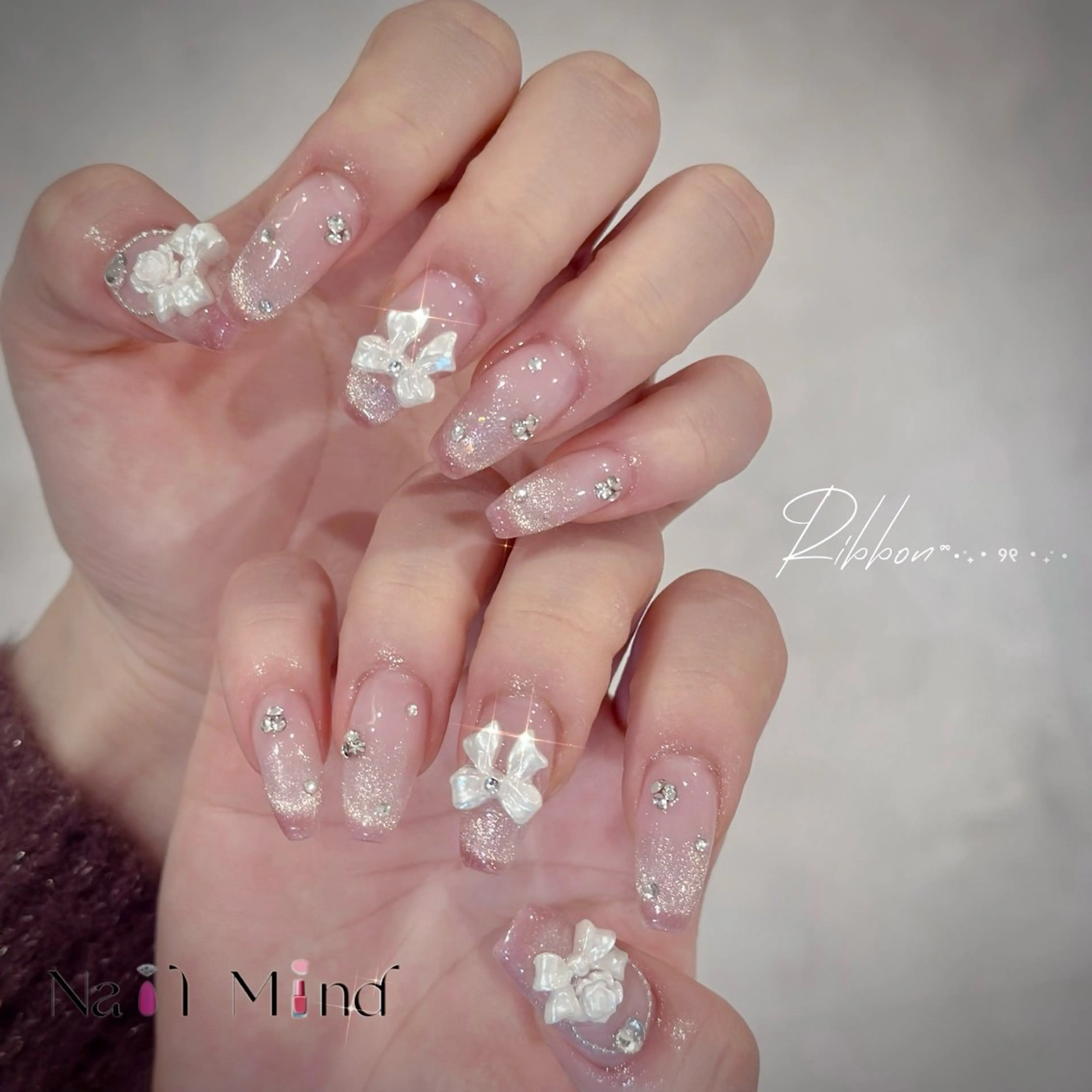 ネイル フレンチネイル マグネットネイル マグネットフレンチ ピンク リボン ハンドネイル Nail Mind (NaONail）のネイルデザイン