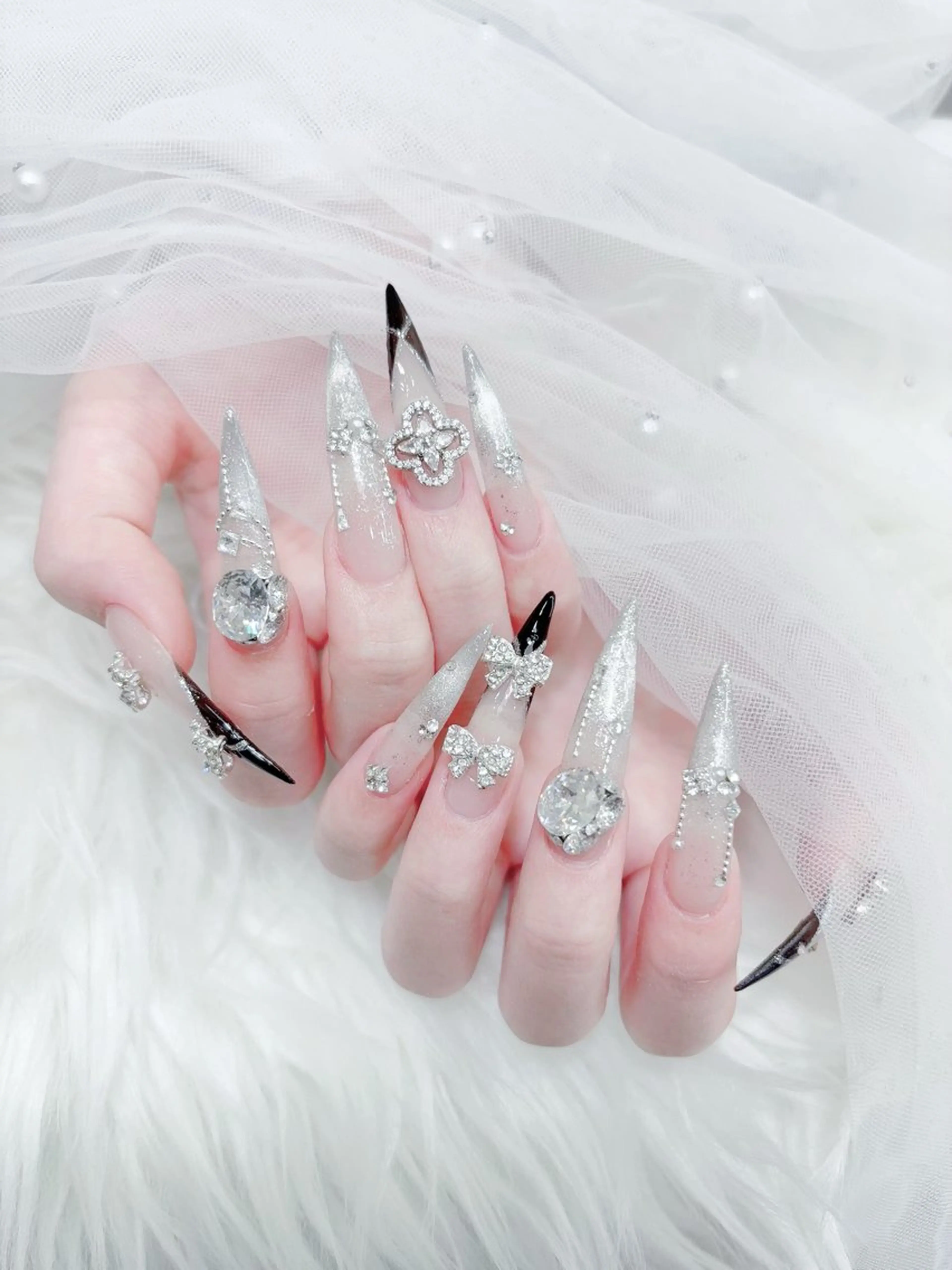 ネイル 成人式 大理石ネイル(マーブル) リボン 夏ネイル ネイルチップ ハンドネイル MoMoA Nail ネイル長さ出し専門店のネイルデザイン