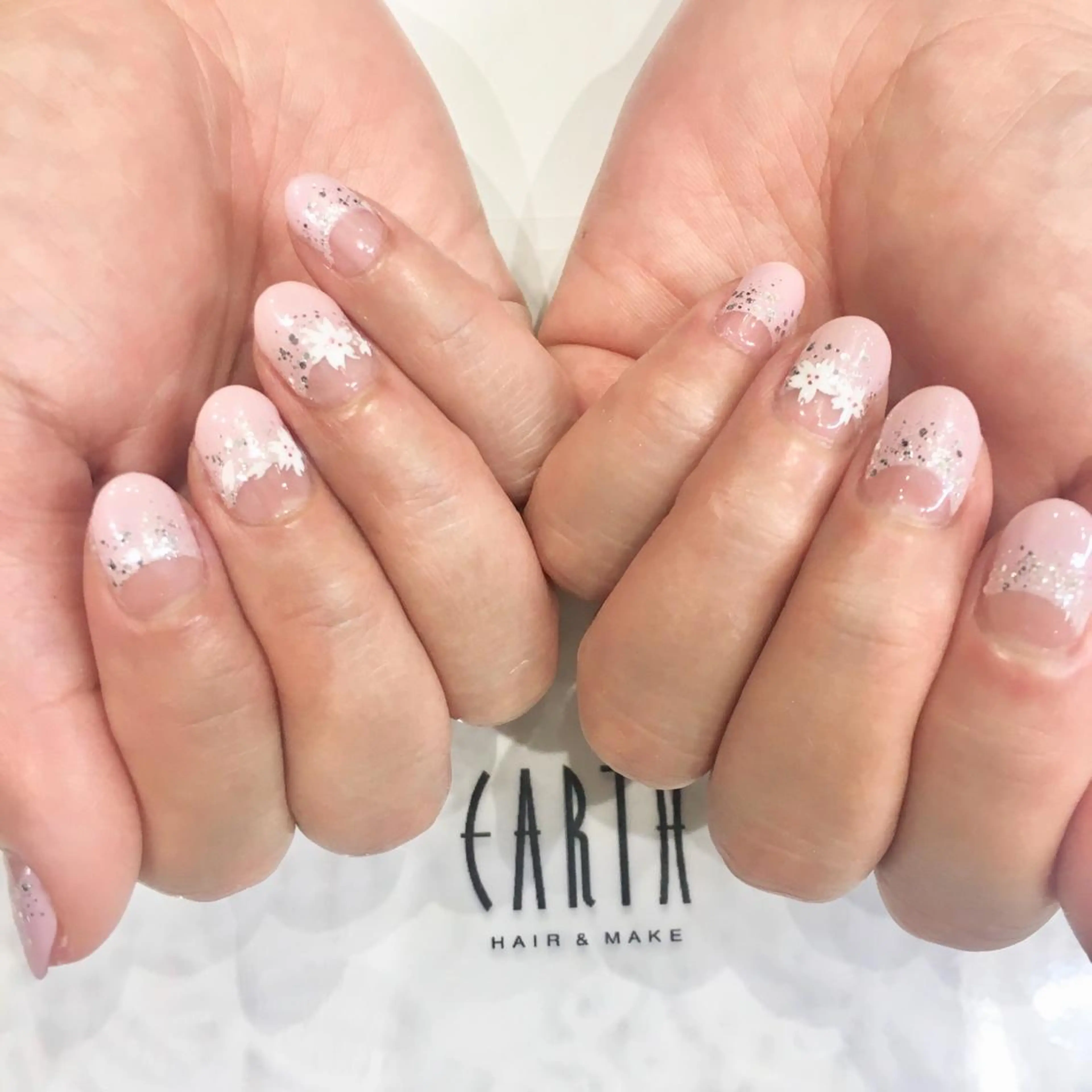 ネイル アートネイル 桜ネイル フレンチネイル ピンク 逆フレンチ 佐藤 まりえのネイルデザイン