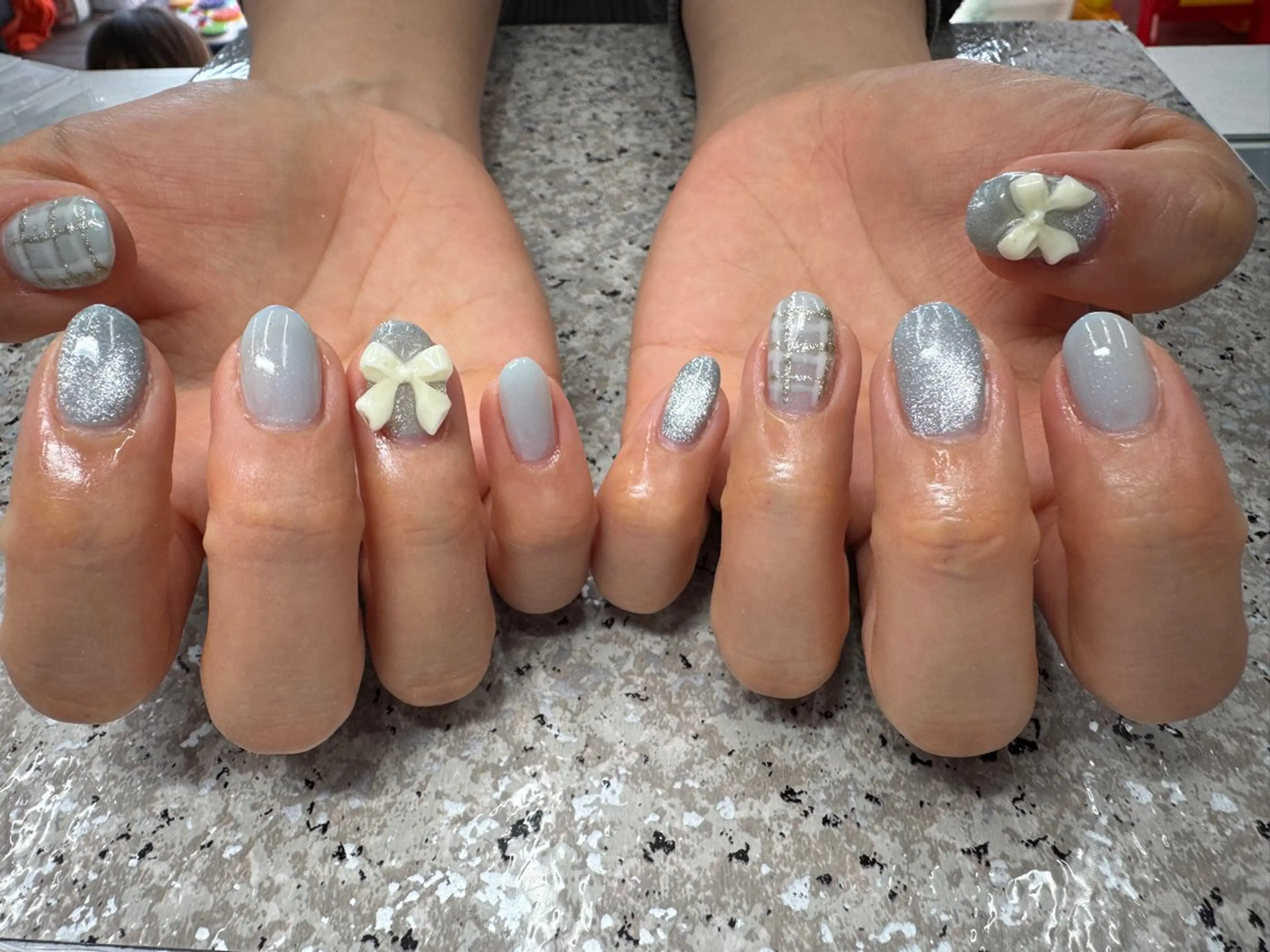 ネイル アートネイル ジェルネイル 韓国ネイル 水色 リボン ハンドネイル 粕屋ネイル＆耳つぼ 🫧Natsumiのネイルデザイン